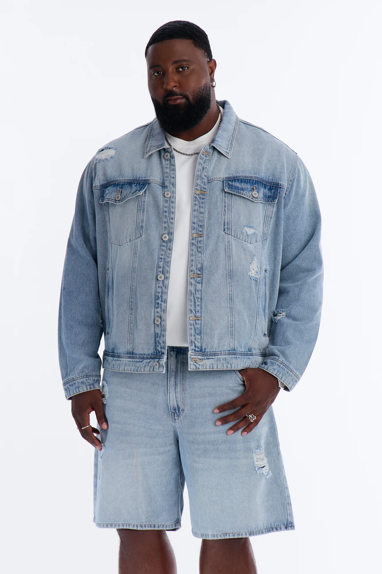 Essential Destroyed Denim Trucker Jacket - Light Blue Wash - Image 5