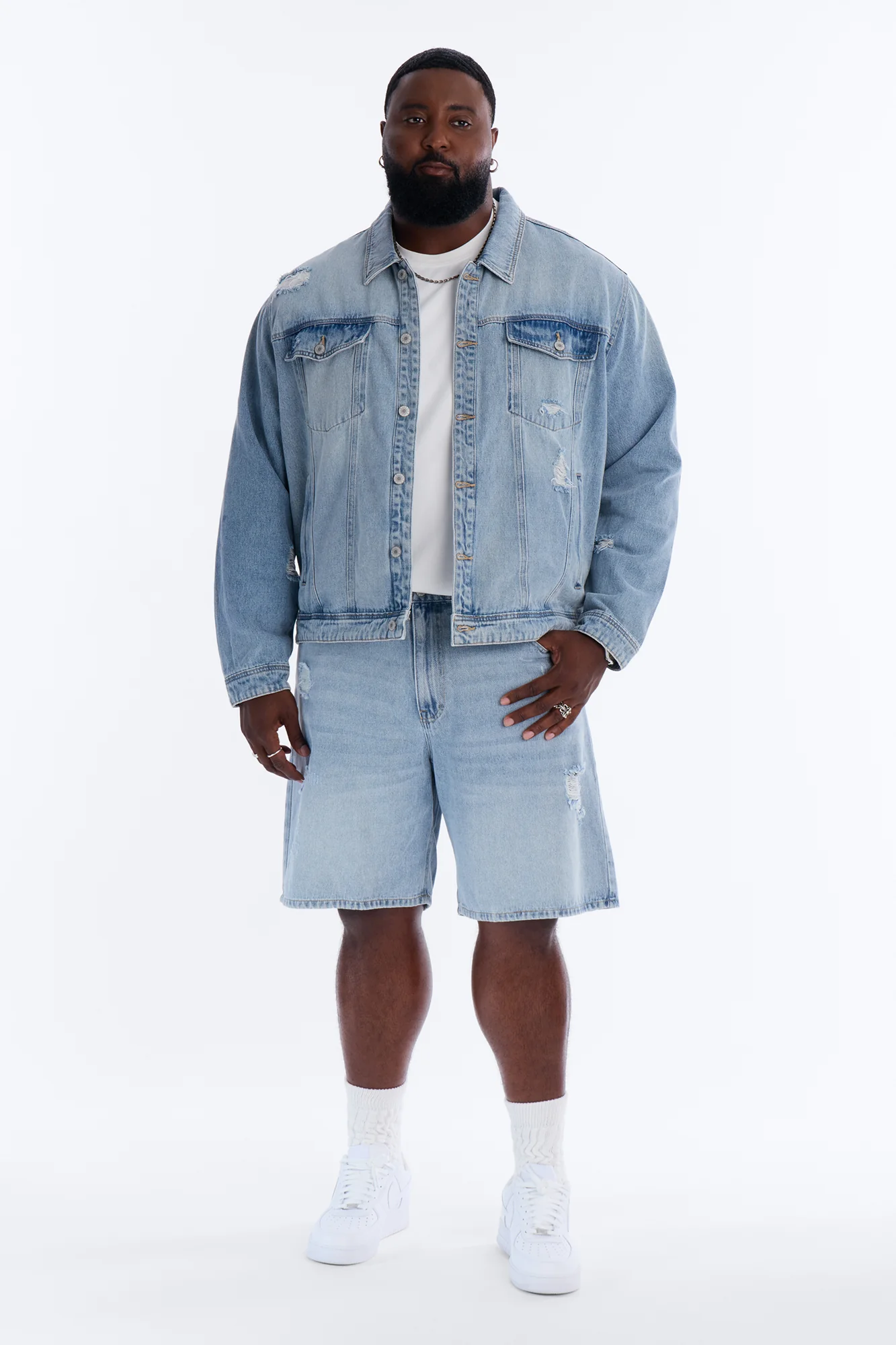 Essential Destroyed Denim Trucker Jacket - Light Blue Wash - Image 6