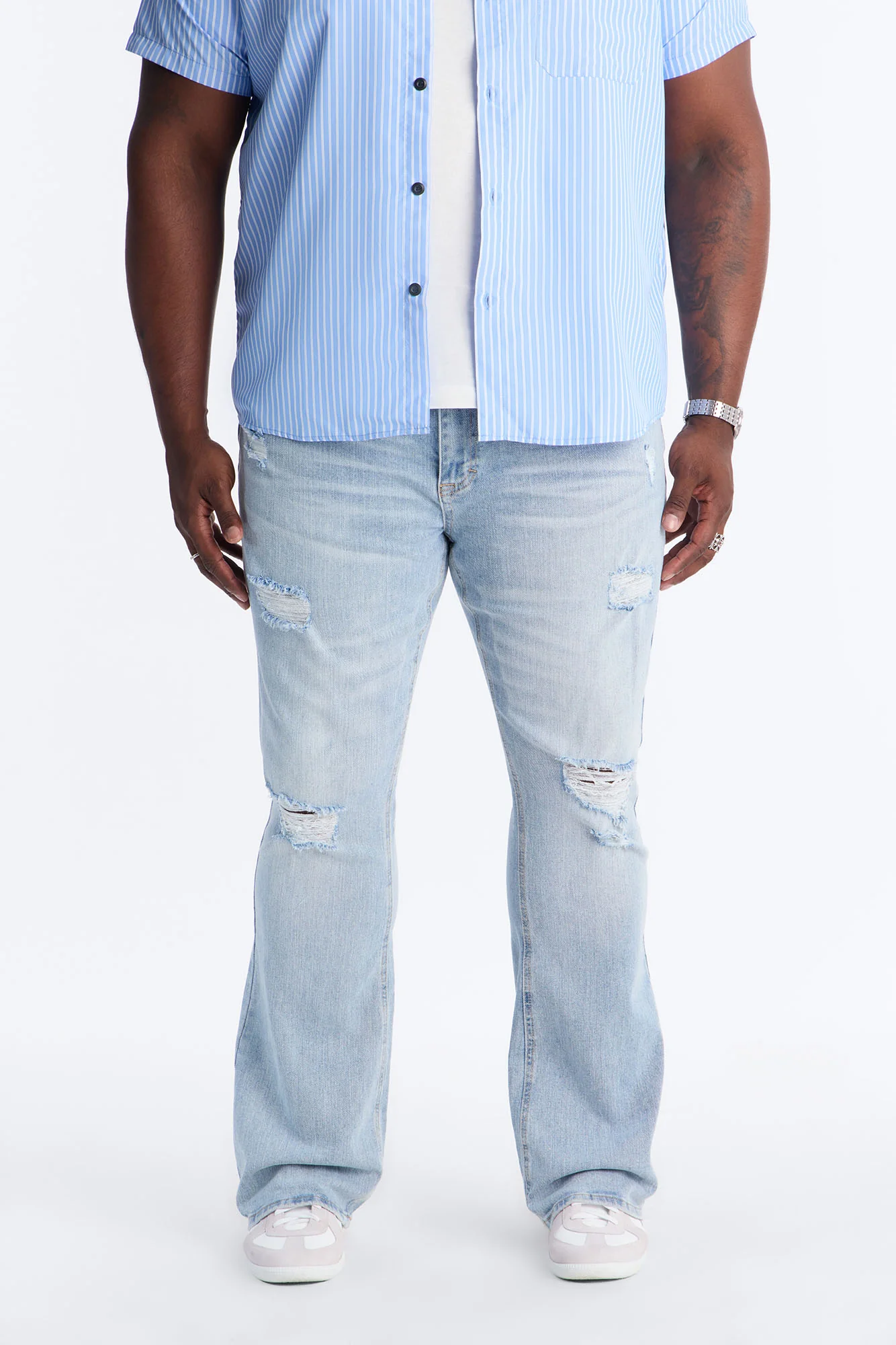 Essential Destroyed Stacked Skinny Flare Stretch Jean - Light Blue Wash - Image 5