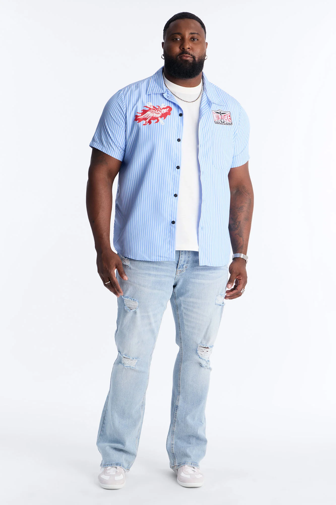 Essential Destroyed Stacked Skinny Flare Stretch Jean - Light Blue Wash - Image 6