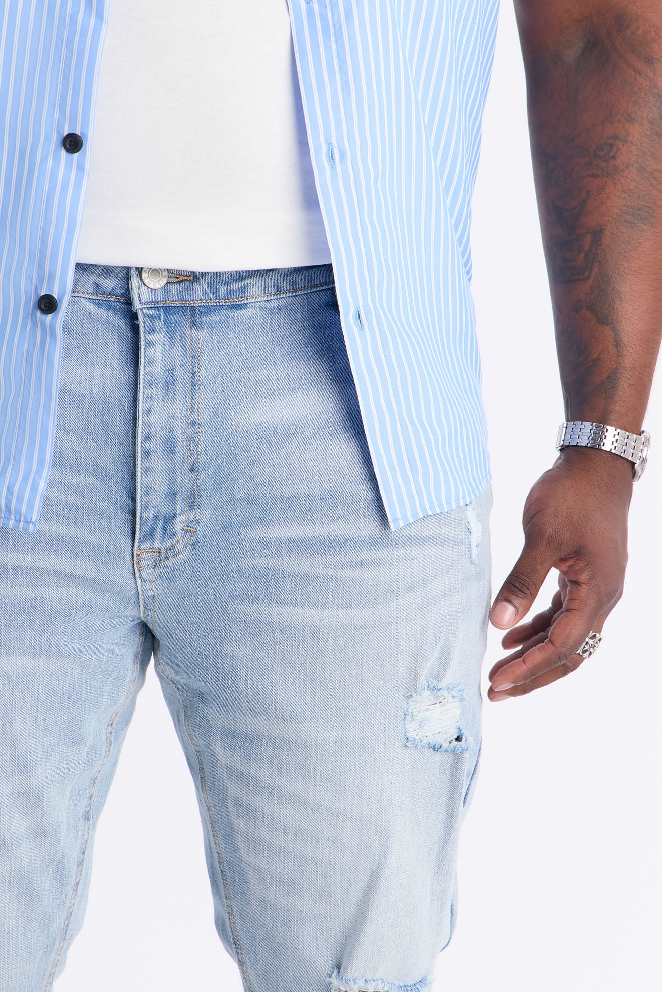 Essential Destroyed Stacked Skinny Flare Stretch Jean - Light Blue Wash - Image 7