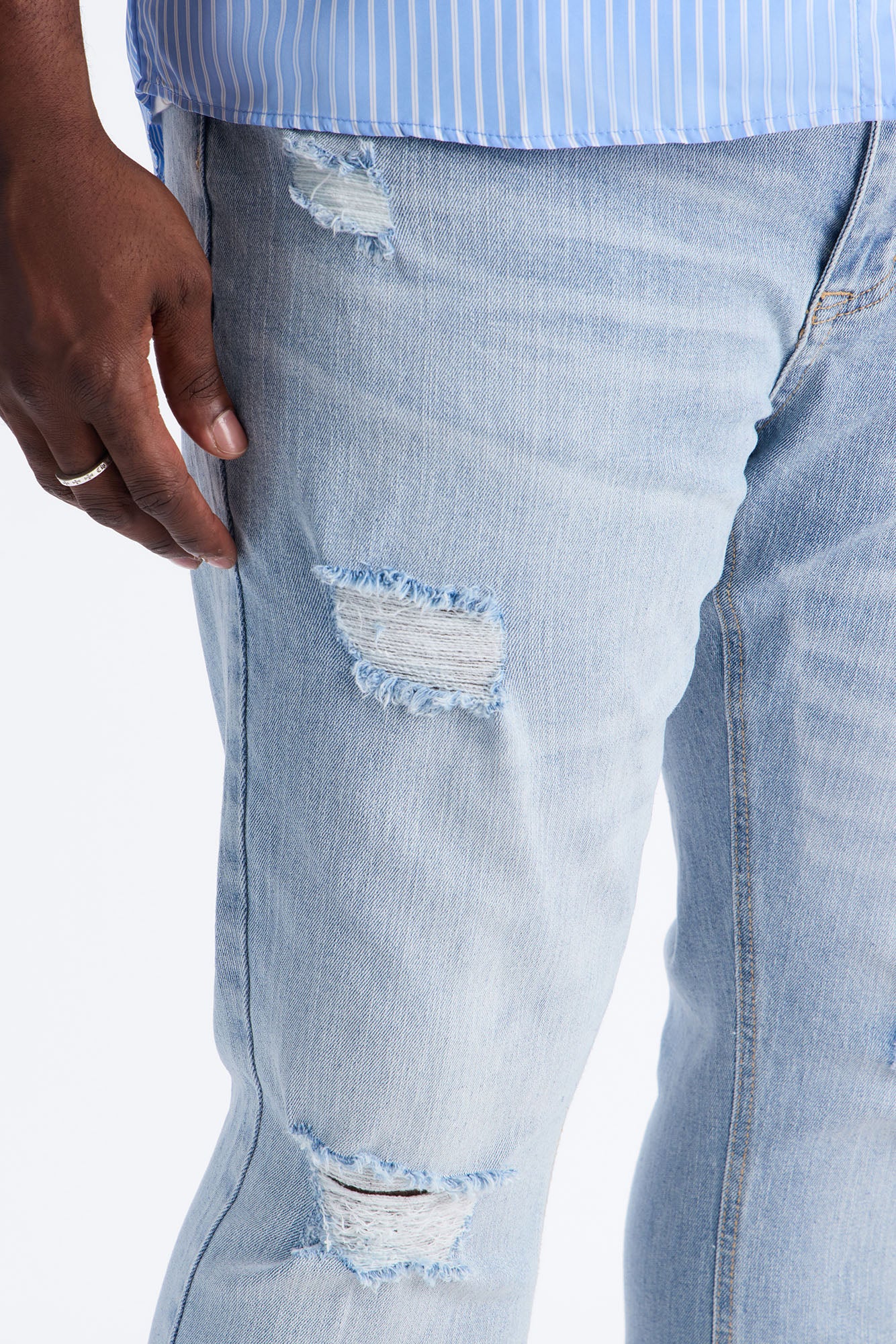 Essential Destroyed Stacked Skinny Flare Stretch Jean - Light Blue Wash - Image 8