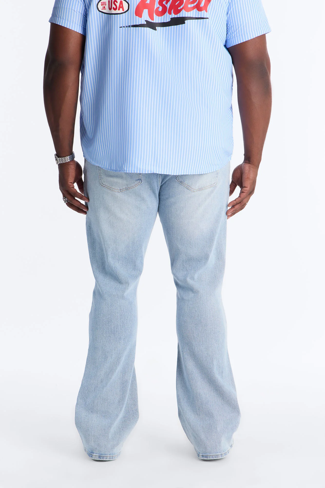 Essential Destroyed Stacked Skinny Flare Stretch Jean - Light Blue Wash - Image 9