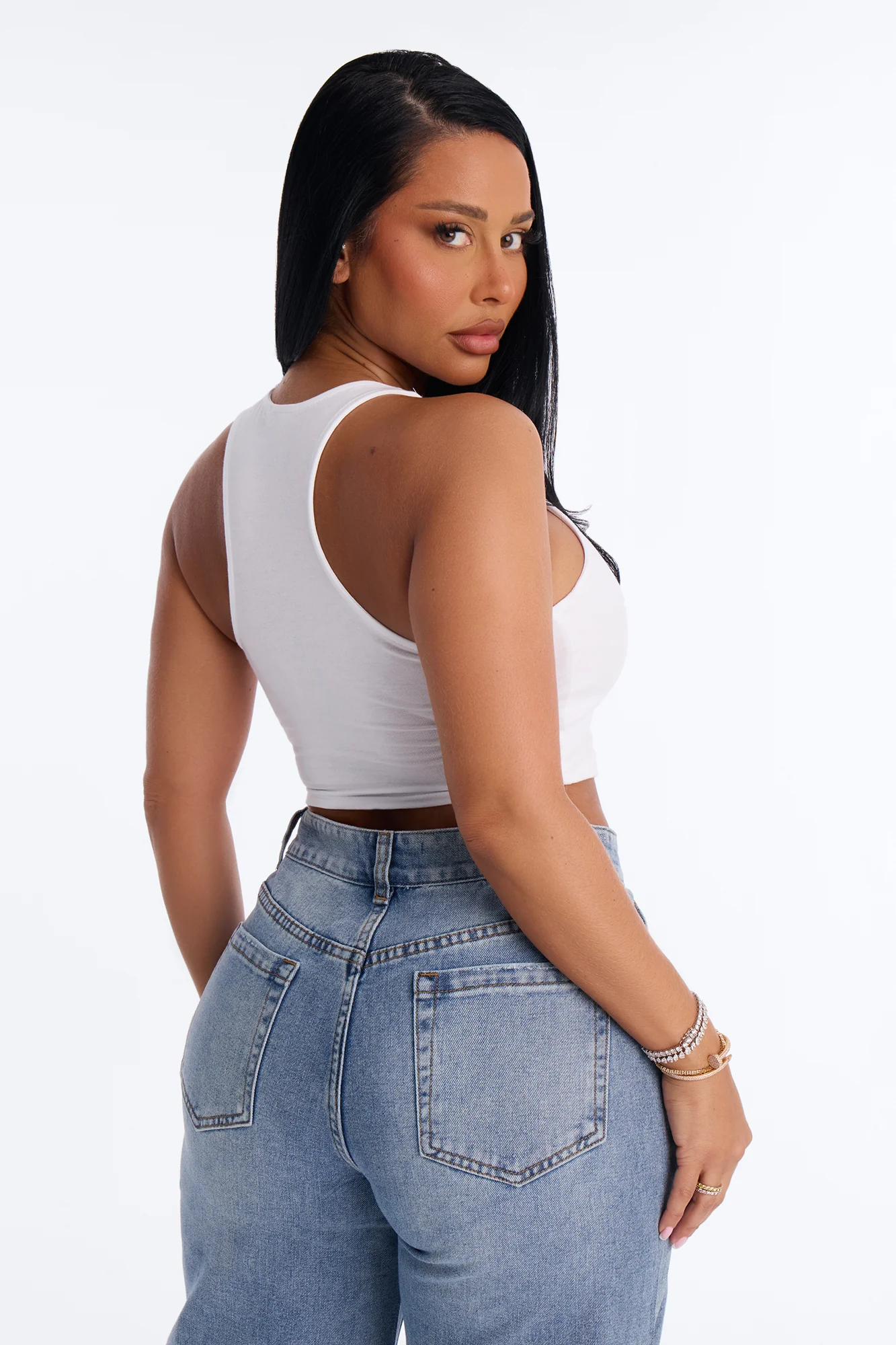 Evalyn Double Lined Cropped Racerback Tank Top - White - Image 4