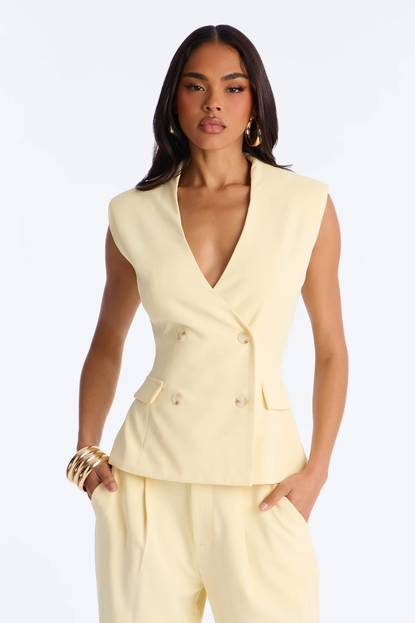 Everything in Order Double Breasted Sleeveless Fitted Blazer - Butter Yellow - Image 2