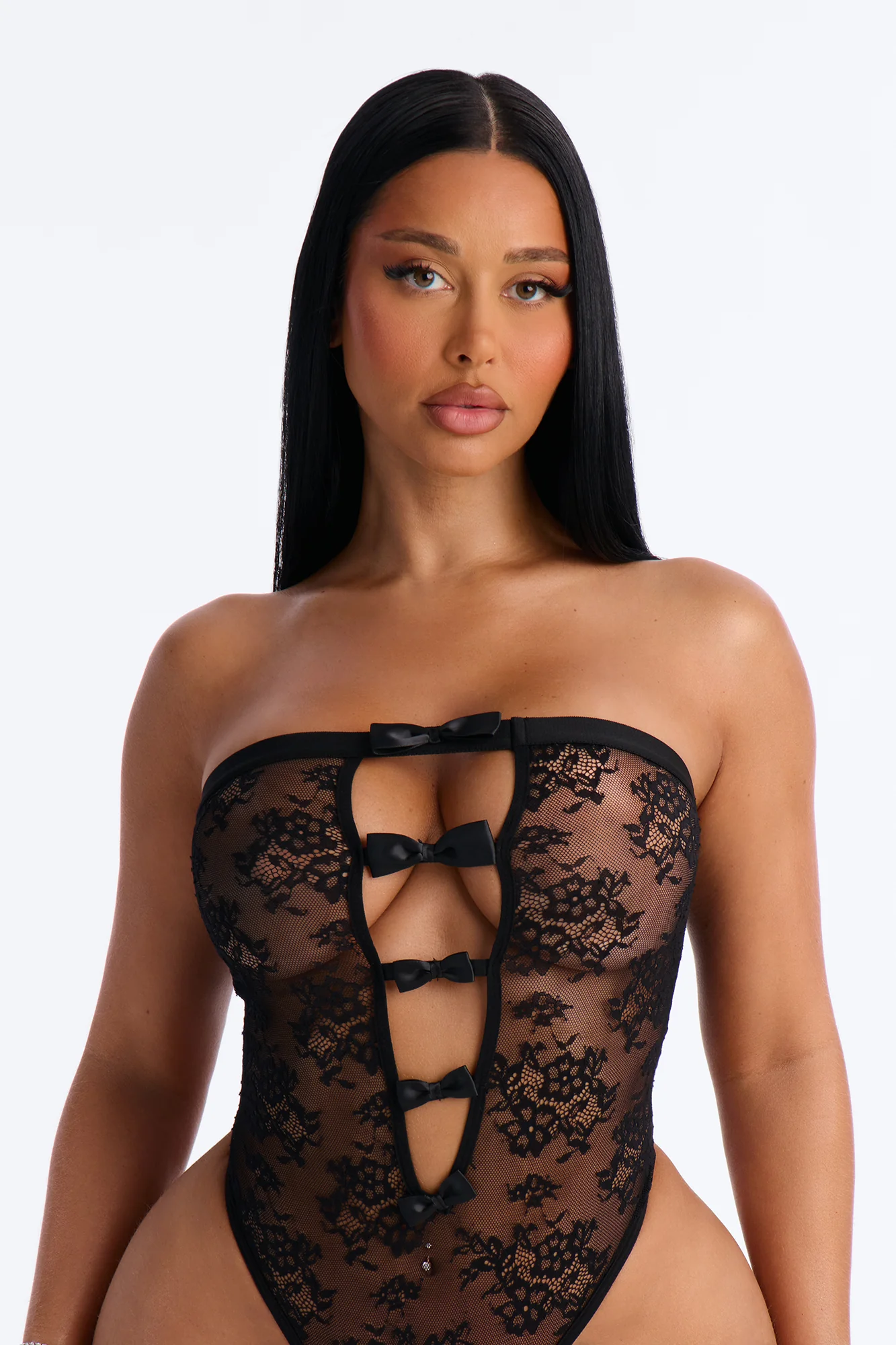 Evette Strapless Lace Crotchless Teddy - Black - Image 2