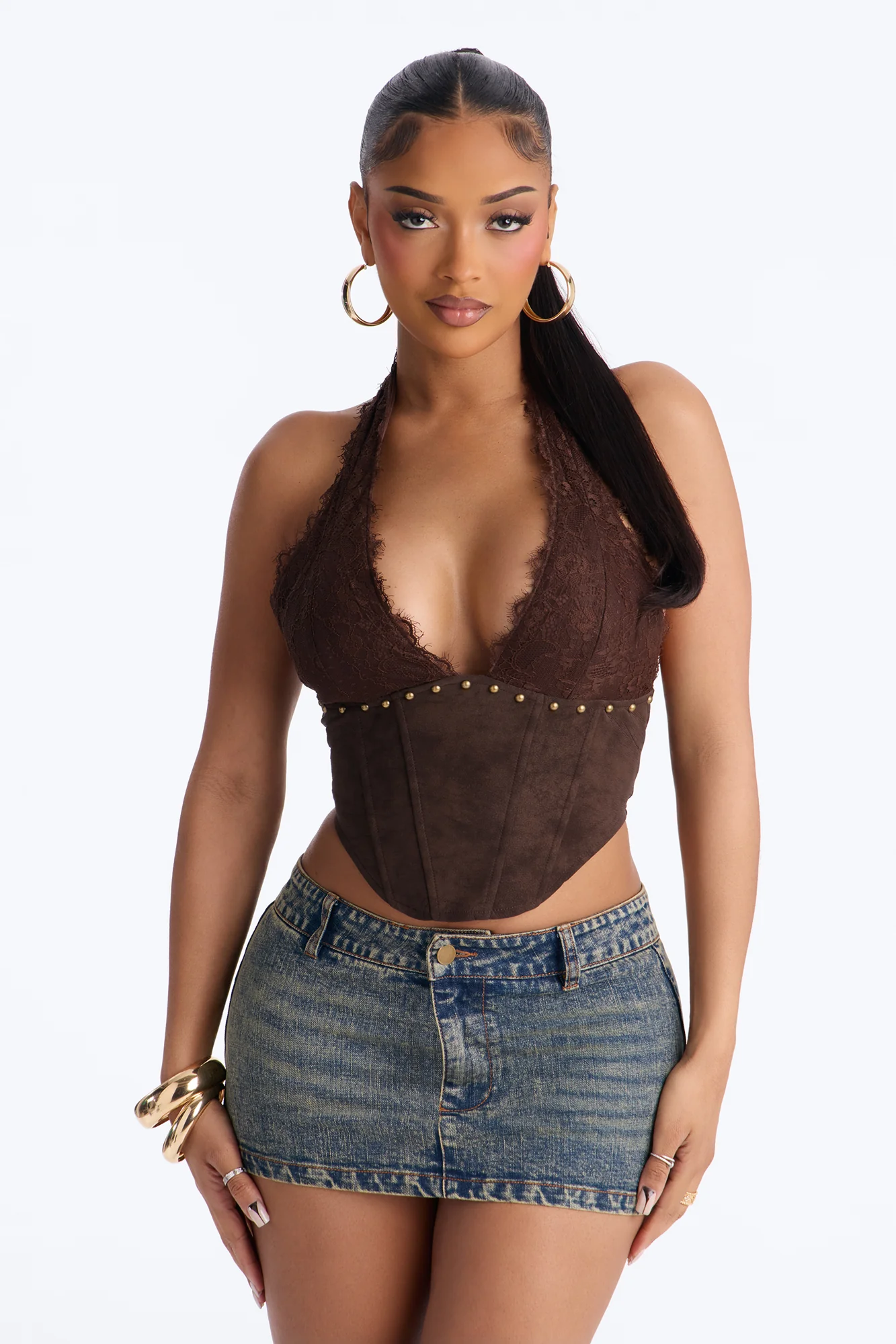 Fallon Faux Suede Studded Lace Halter Top - Brown