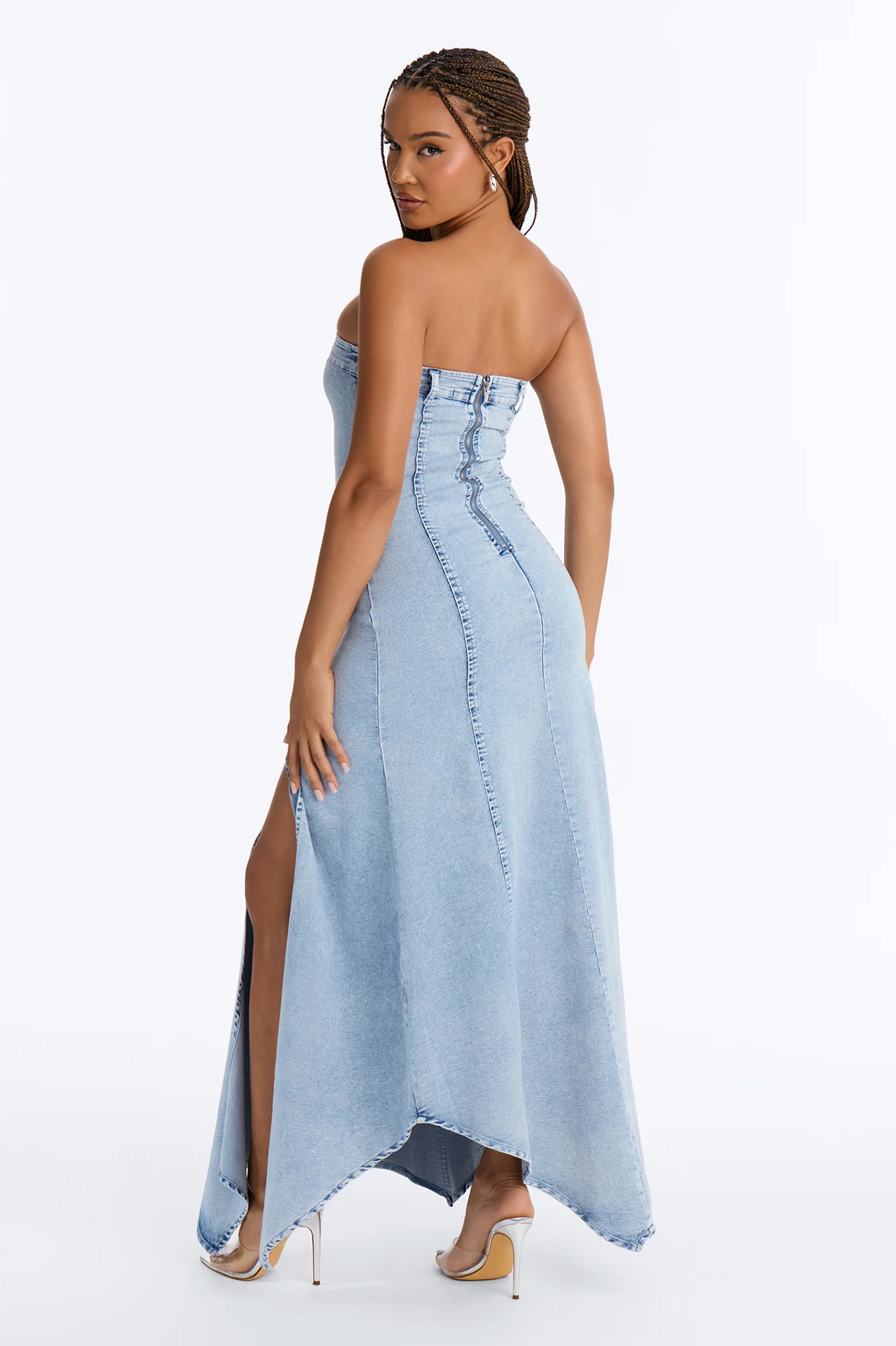 Fashion Killer Strapless Denim Maxi Dress - Acid Wash Blue - Image 3