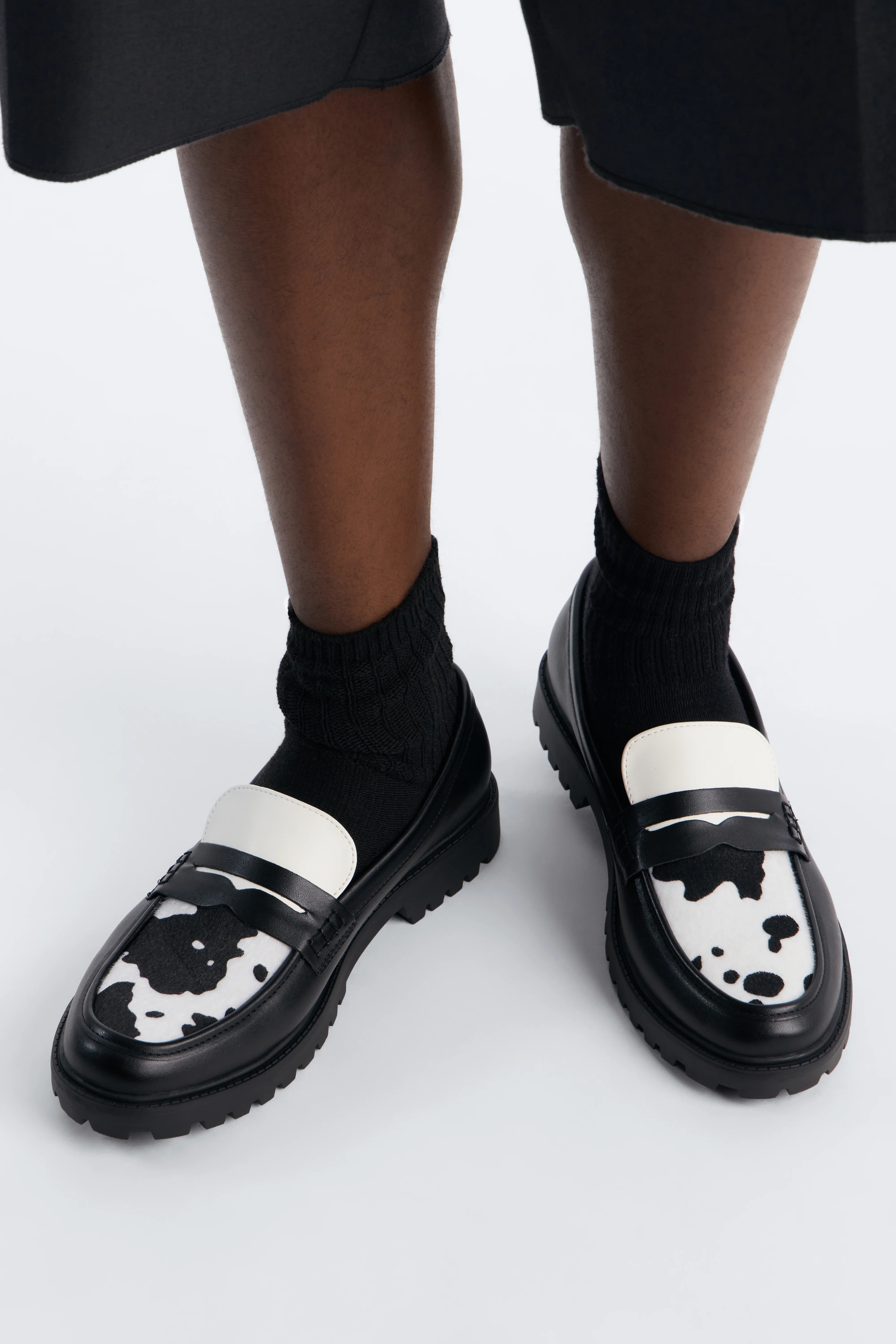 Faux Leather Cow Print Penny Strap Chunky Loafer - Black/White