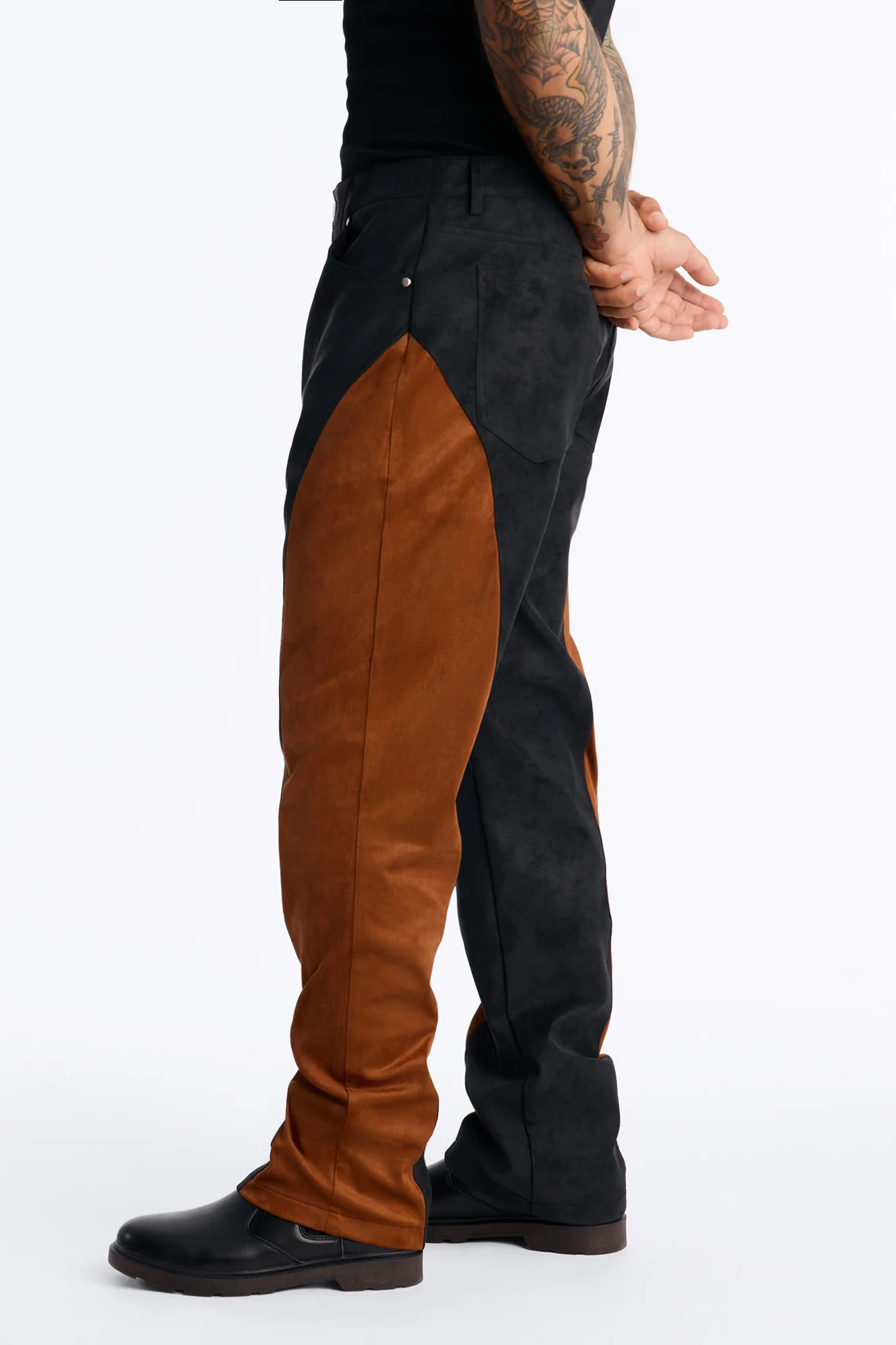 Faux Leather Paneled Straight Leg Pant - Brown/combo - Image 4