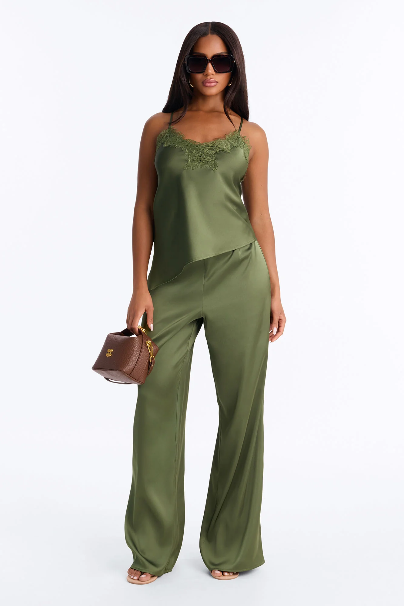 Favorite Satin Lace Pant Set - Olive