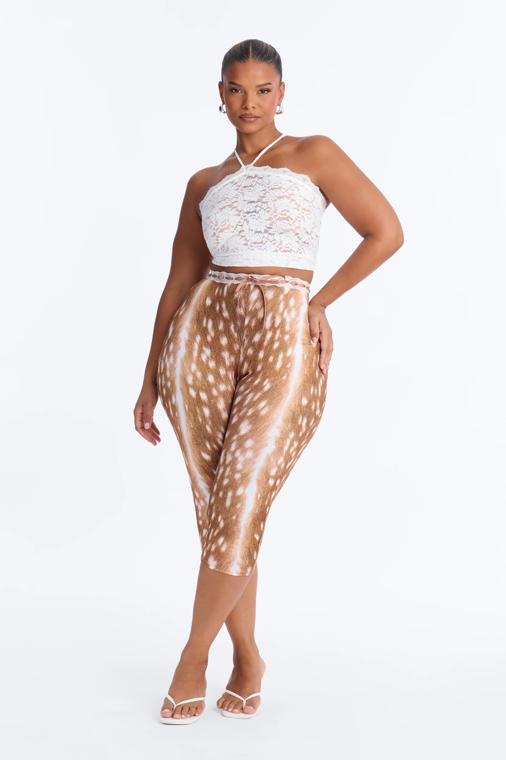 Felicity Printed Lace Trim Capri Legging - Brown Combo