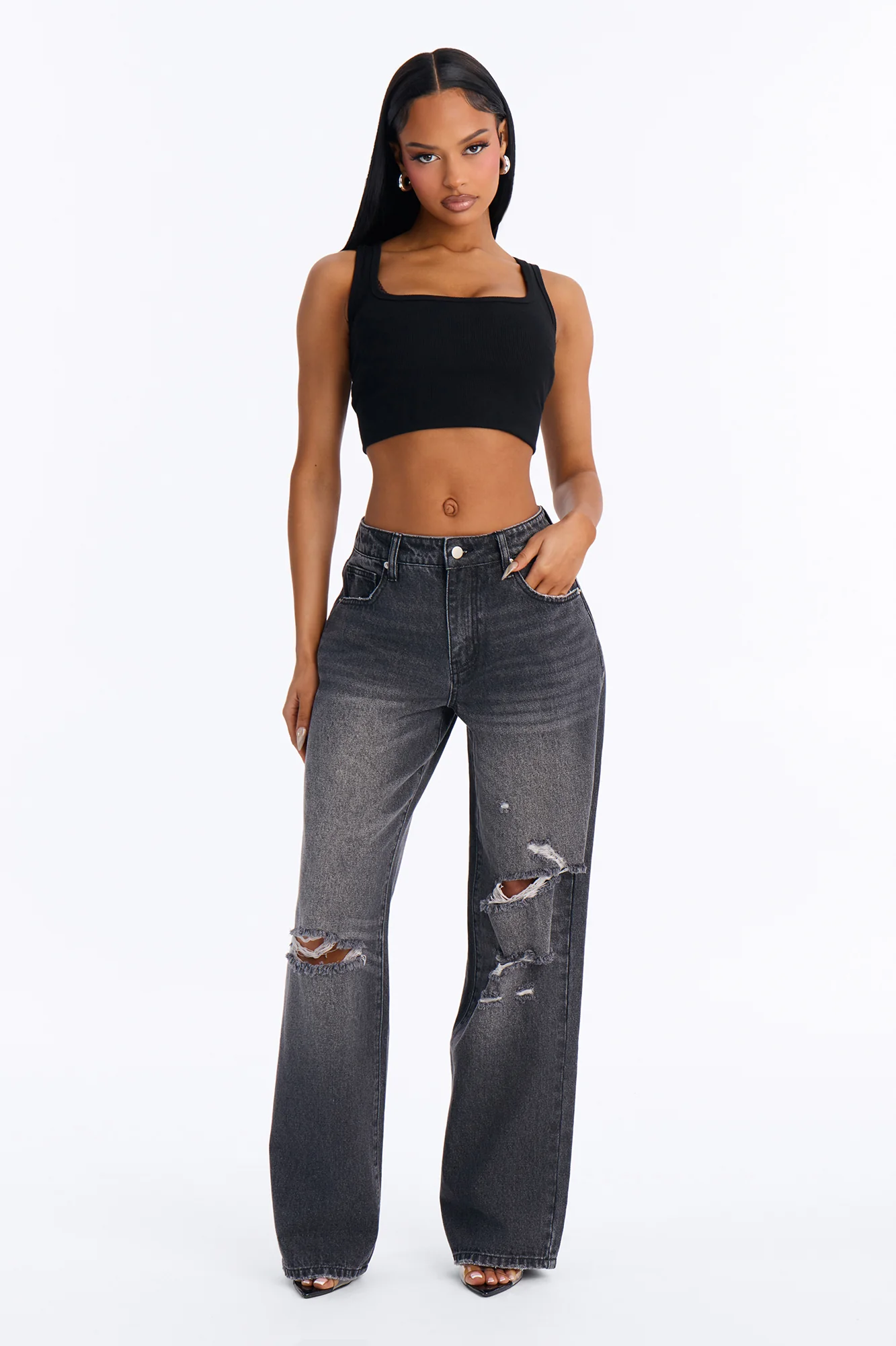 Femme Fatale Ripped Wide Leg Jeans - Black Wash