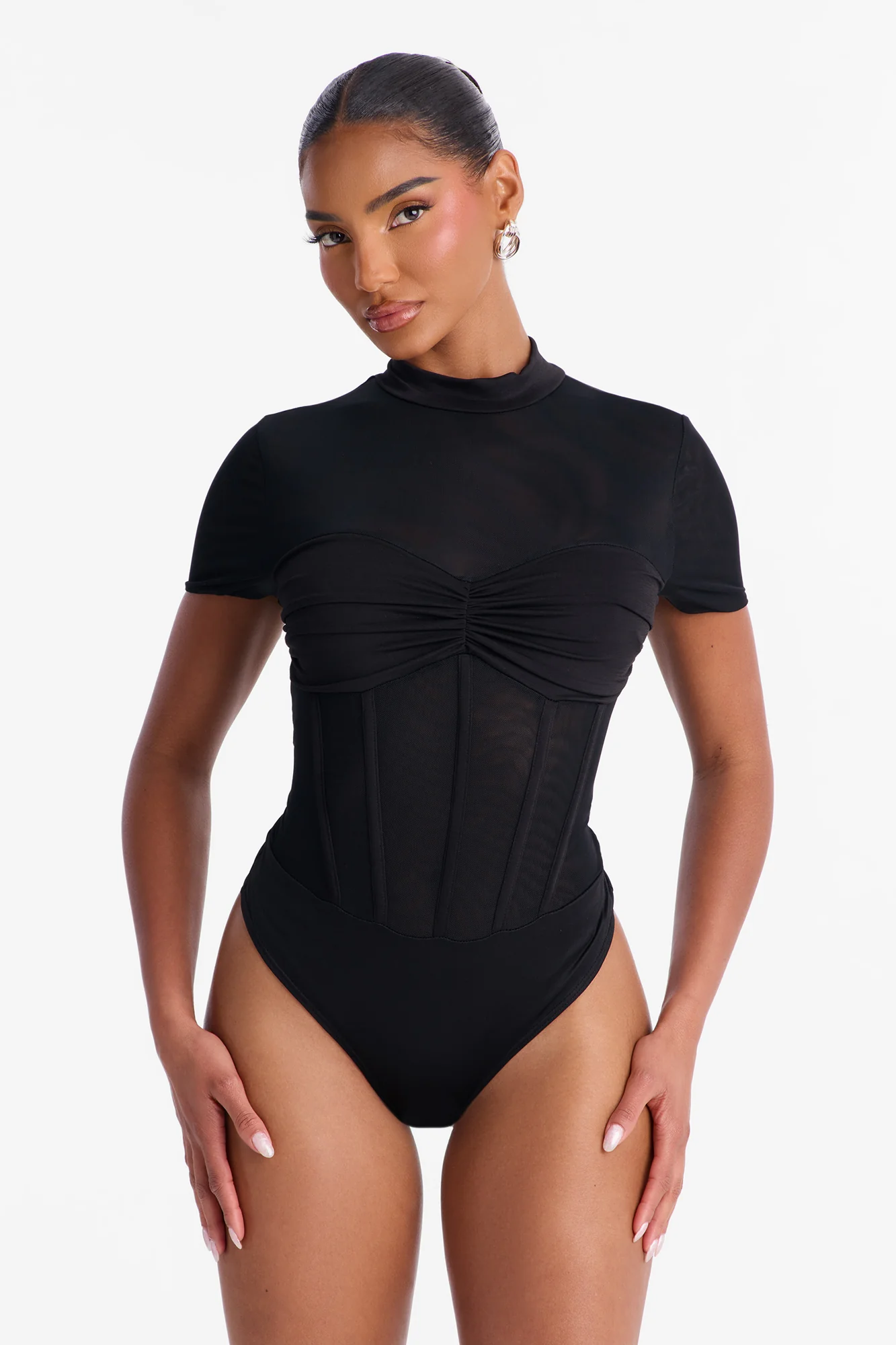 Fine Dined Mesh Mock Neck Corset Bodysuit - Black