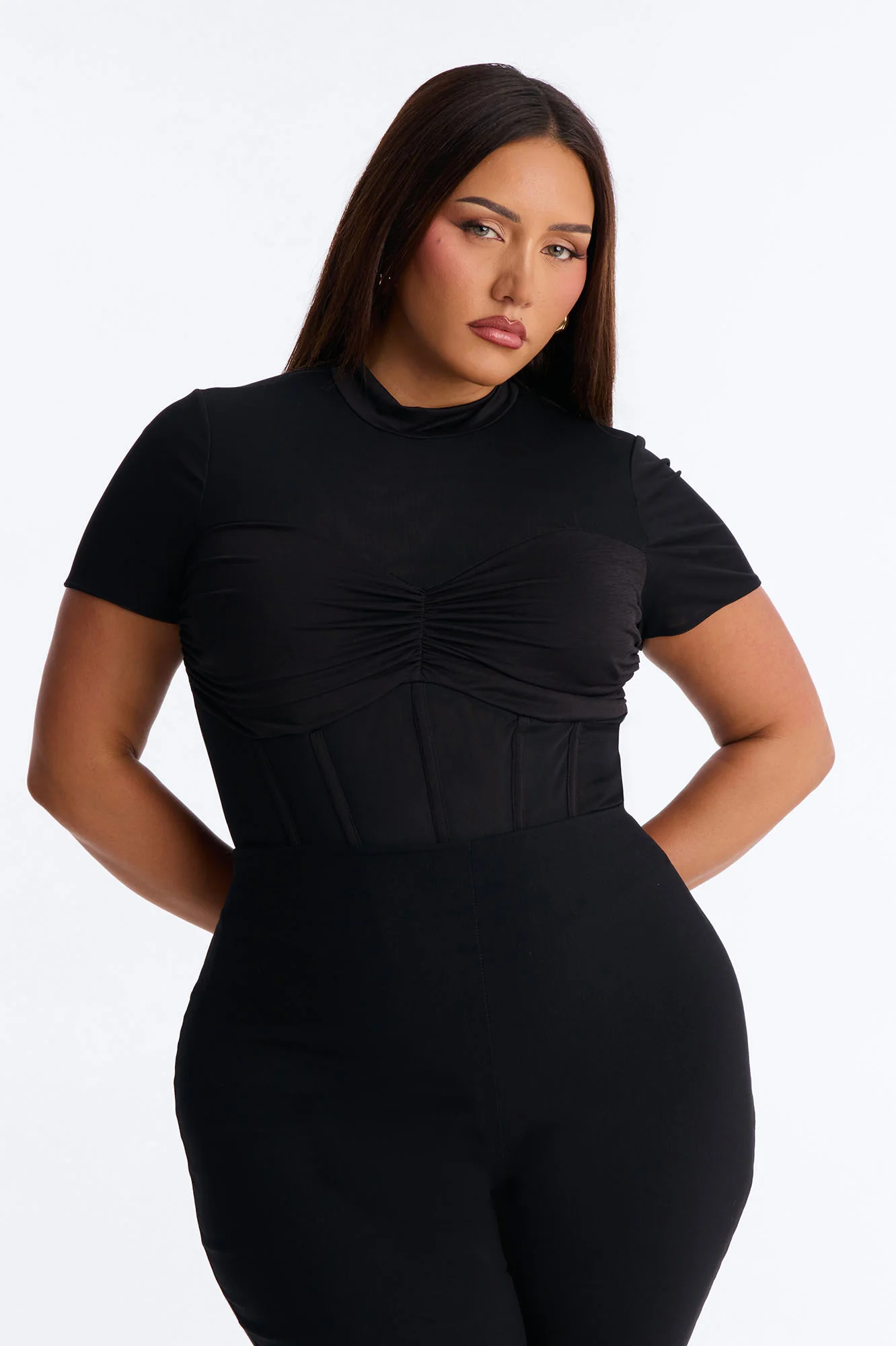 Fine Dined Mesh Mock Neck Corset Bodysuit - Black - Image 7