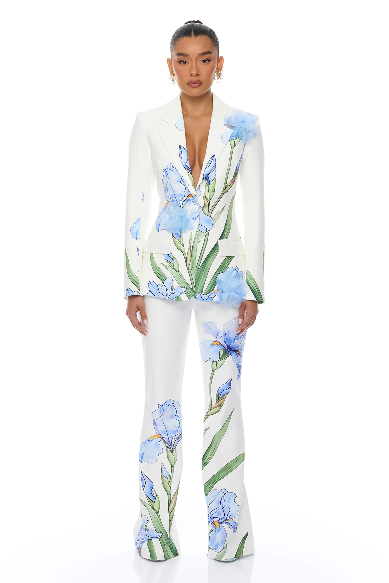 Floral Fantasy Crepe Blazer Pant Set - Blue/combo