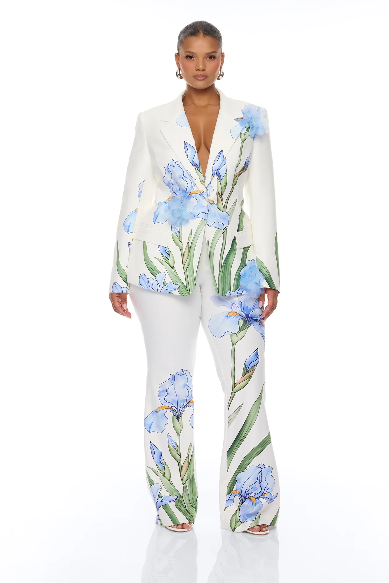 Floral Fantasy Crepe Blazer Pant Set - Blue/combo - Image 5