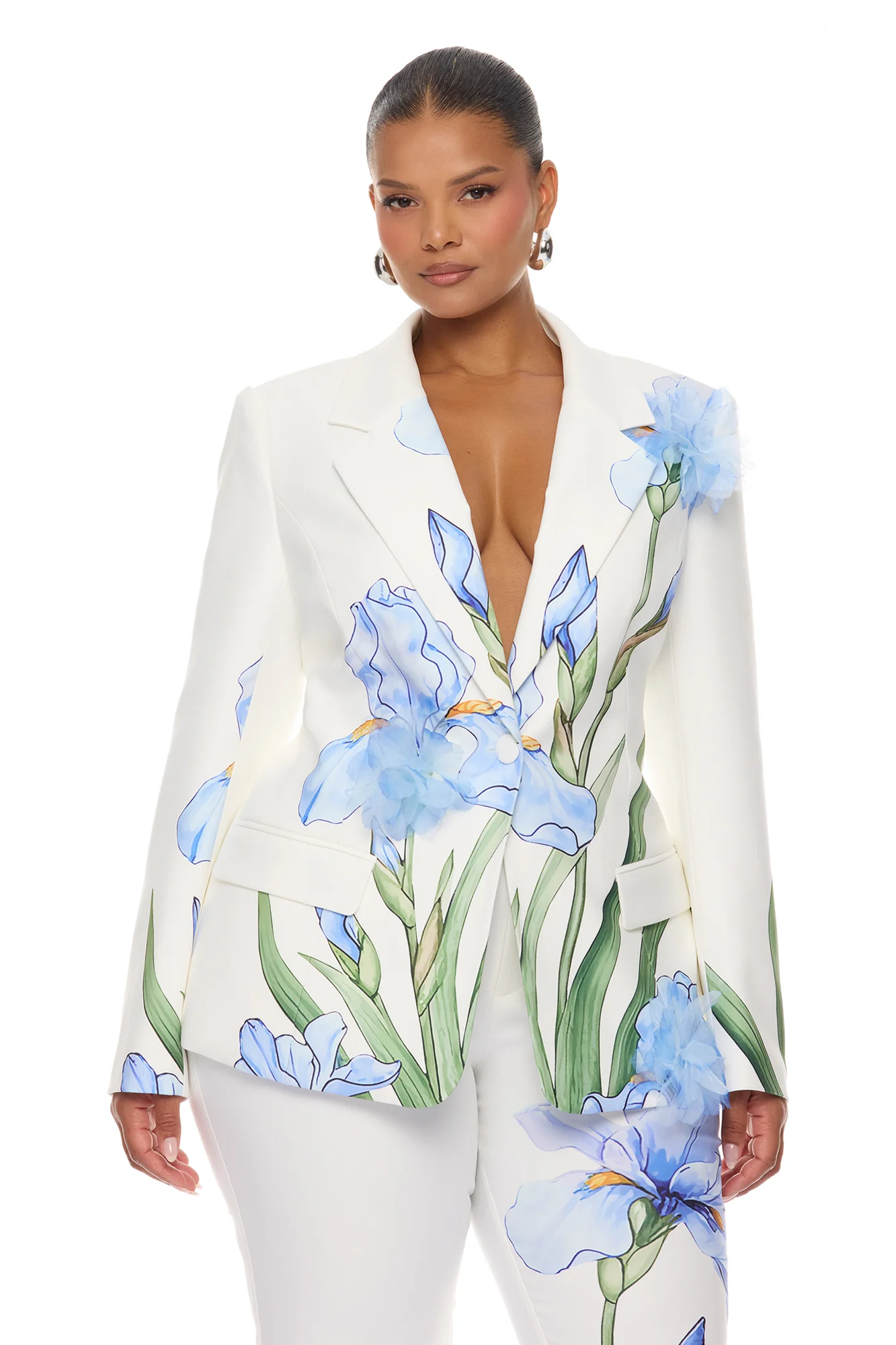 Floral Fantasy Crepe Blazer Pant Set - Blue/combo - Image 6