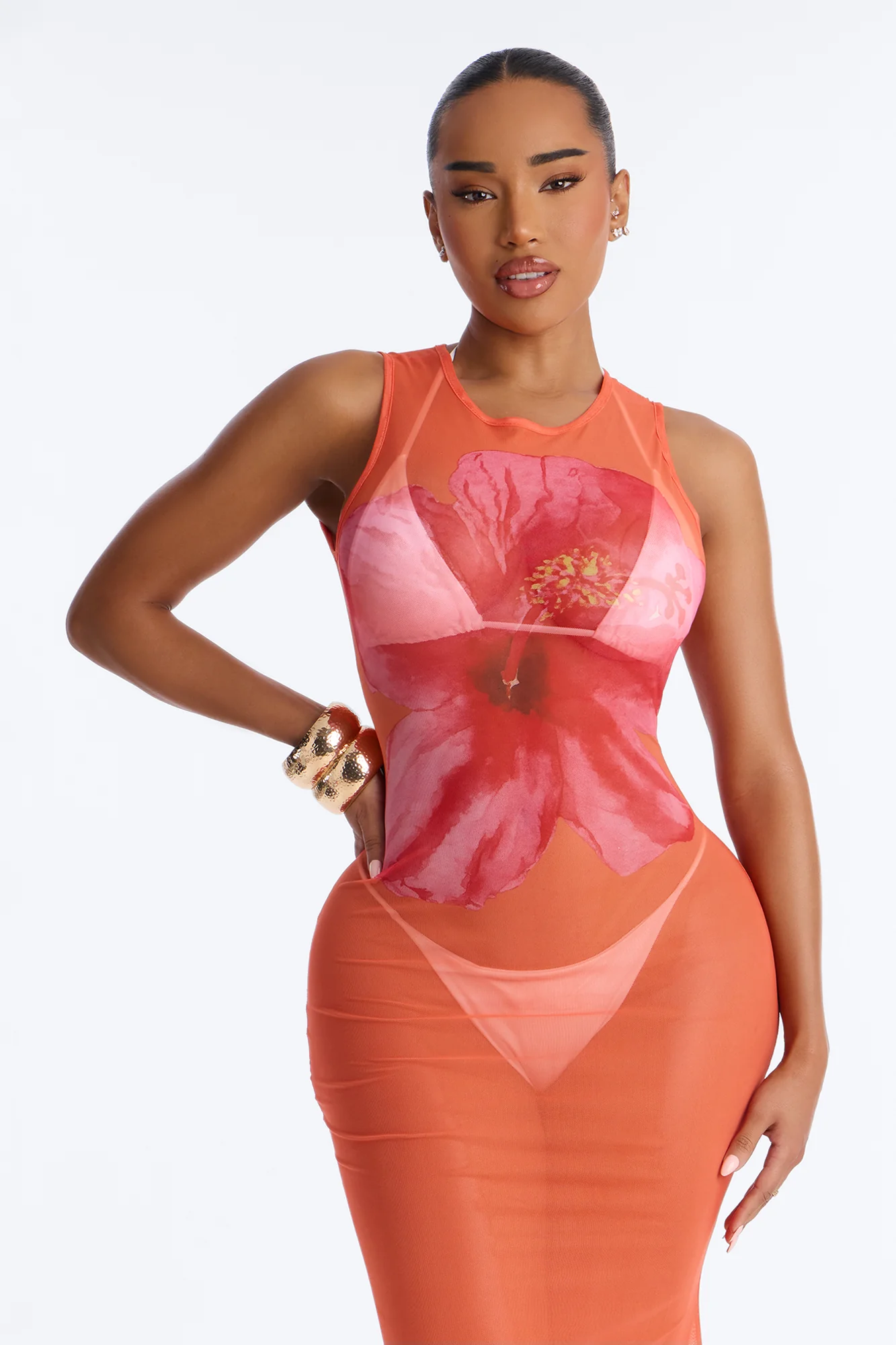 Floral Fantasy Sheer Swim Cover Up Dress - Orange - Image 2