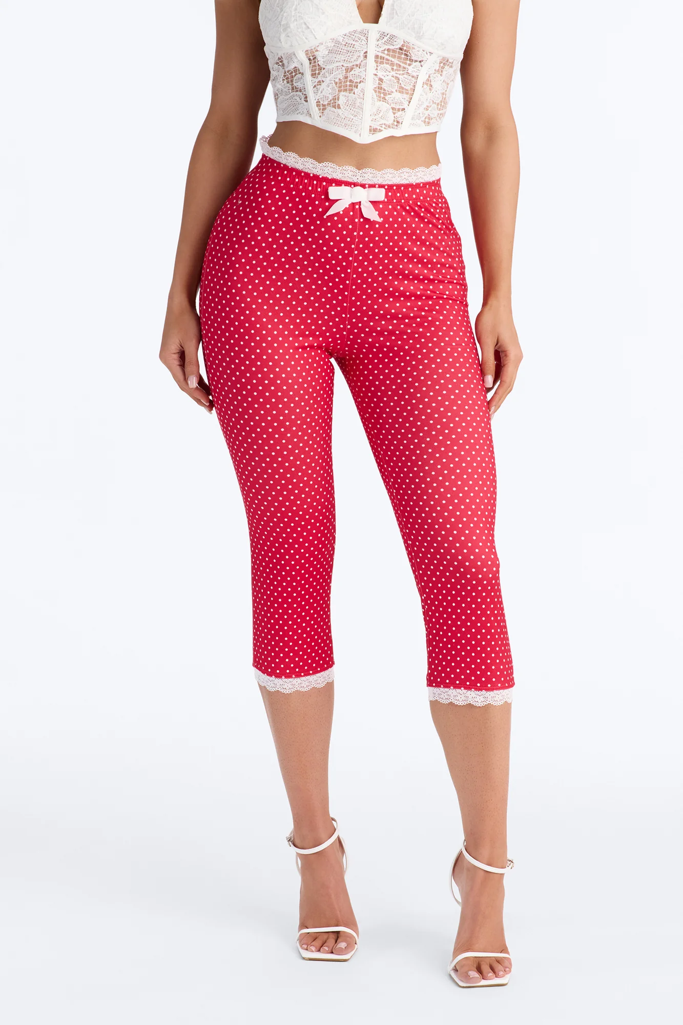 Florentina Lace Trim Capri Legging - Red/combo - Image 2