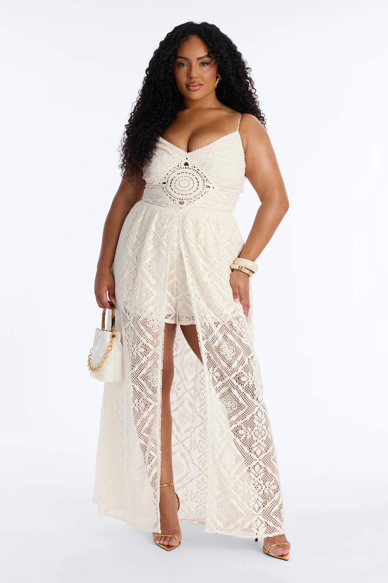 Flower Child Crochet Draped Romper - Cream - Image 5