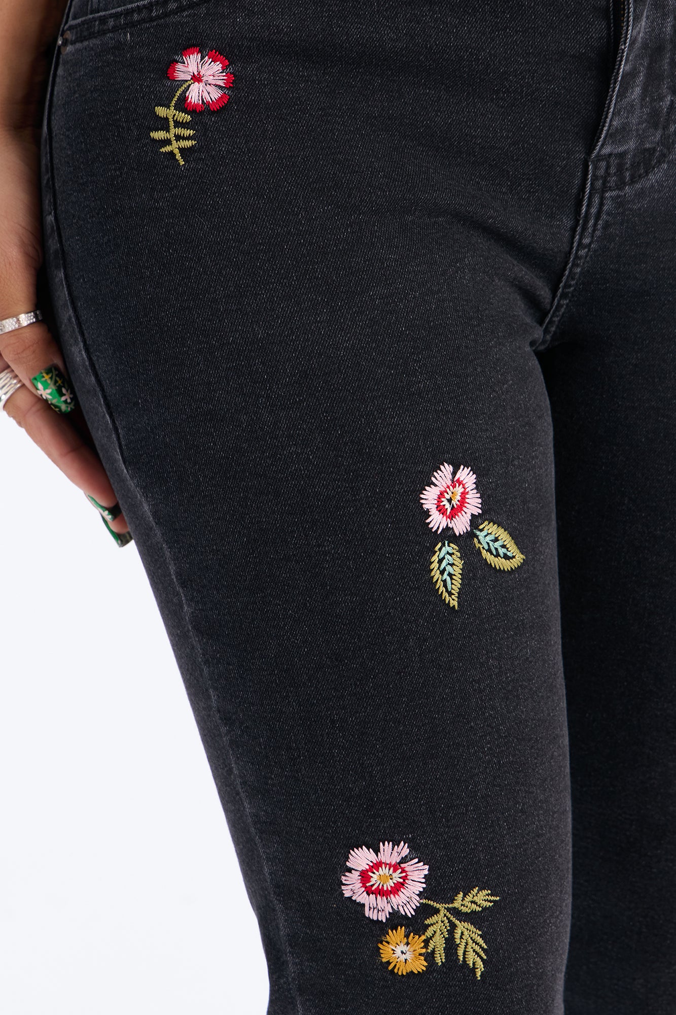 Flower Picker Embroidered Capri Jeans - Black Wash - Image 3