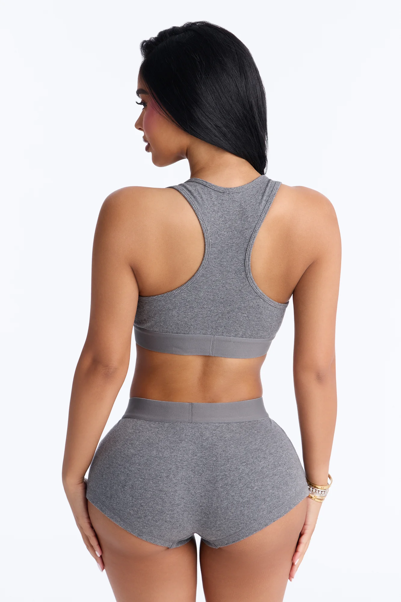 FN Mood Cotton Bralette Boxer Short Ribbed Set - Charcoal - Image 5