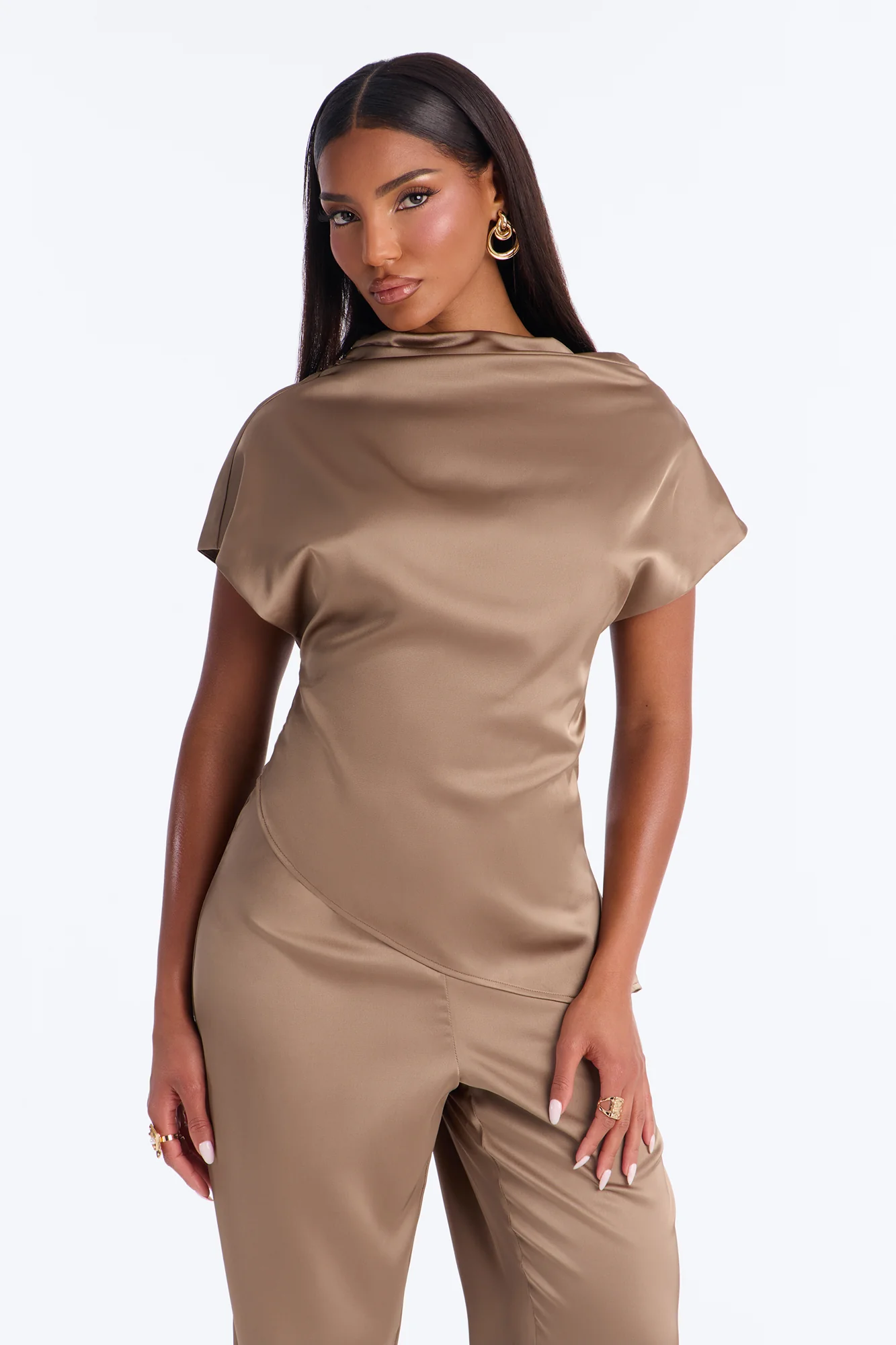 Francesca Satin Draped Jumpsuit - Mocha - Image 2