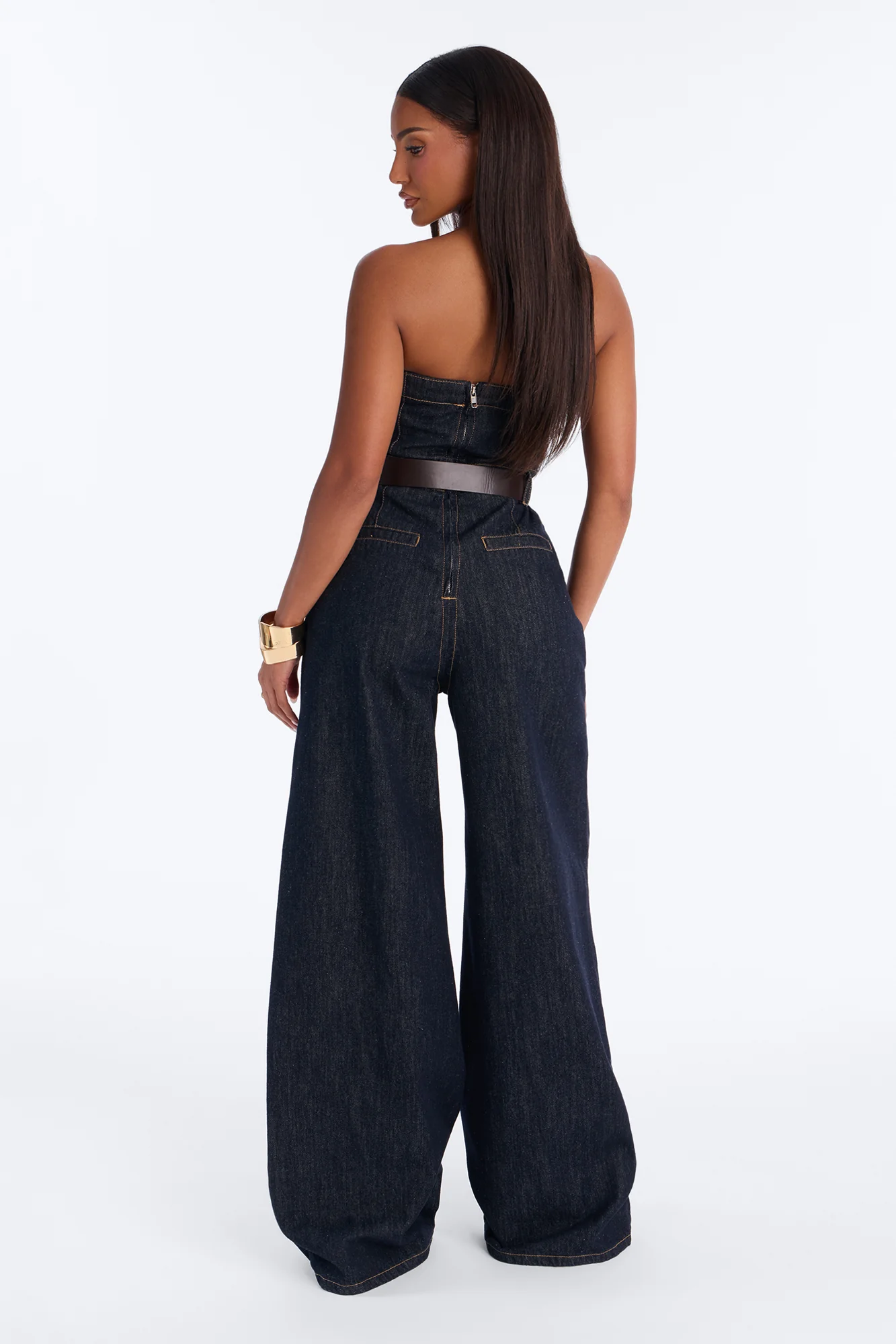 Frankie Denim Belted Jumpsuit - Dark Wash - Image 3