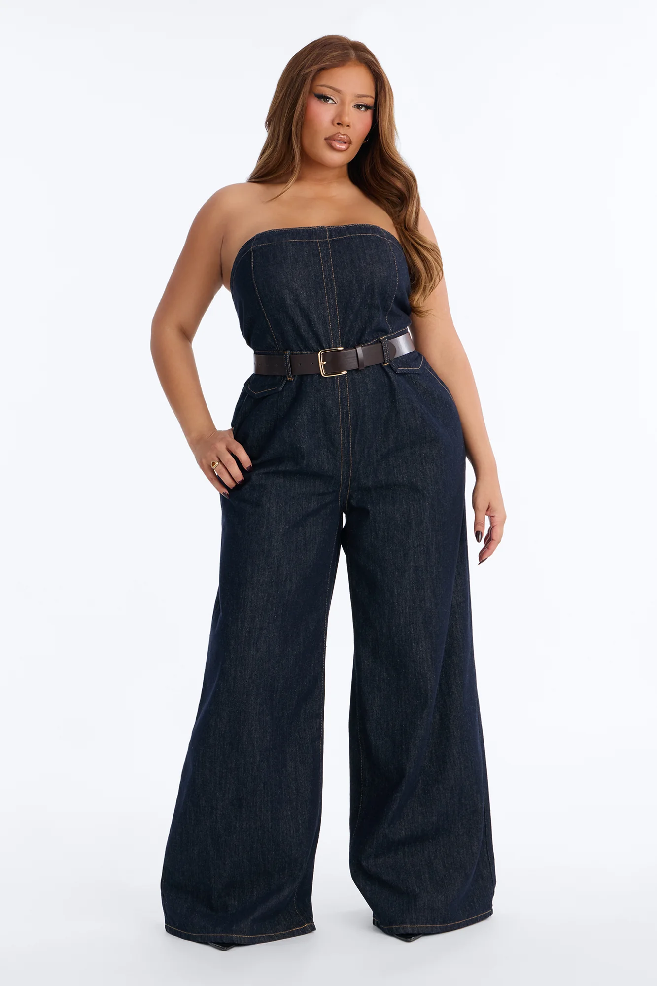 Frankie Denim Belted Jumpsuit - Dark Wash - Image 4