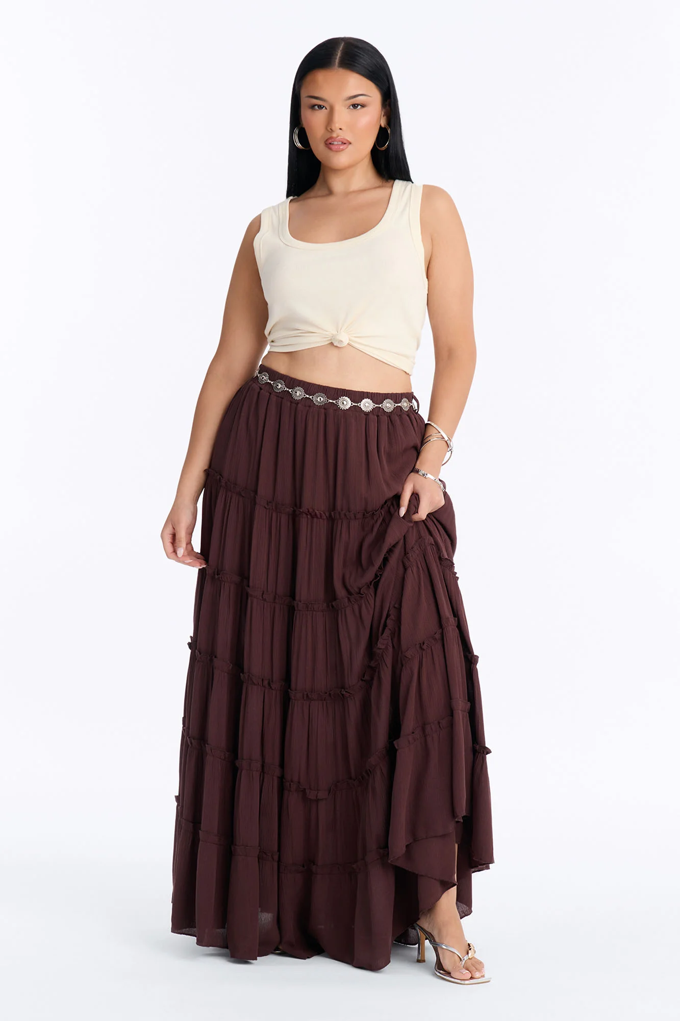 Free Spirit Low Rise Belted Tiered Maxi Skirt - Brown
