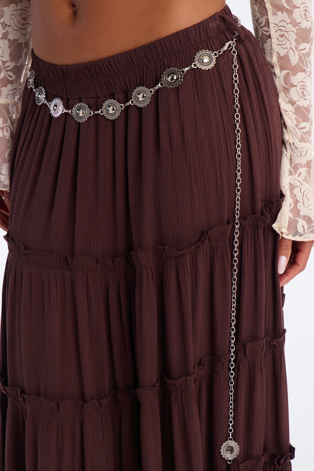 Free Spirit Low Rise Belted Tiered Maxi Skirt - Brown - Image 6