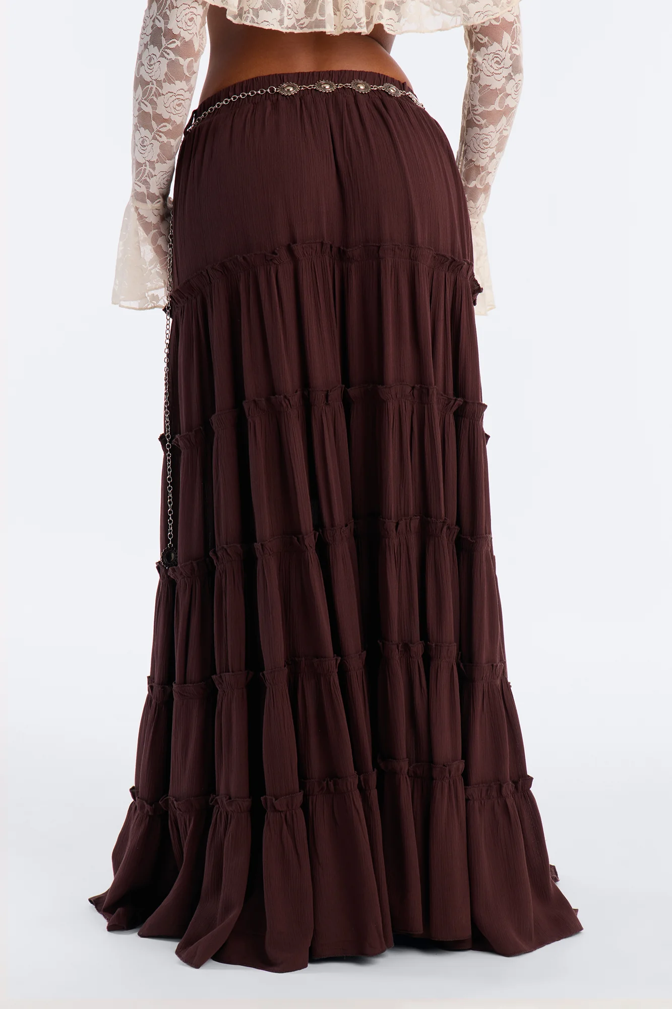 Free Spirit Low Rise Belted Tiered Maxi Skirt - Brown - Image 8
