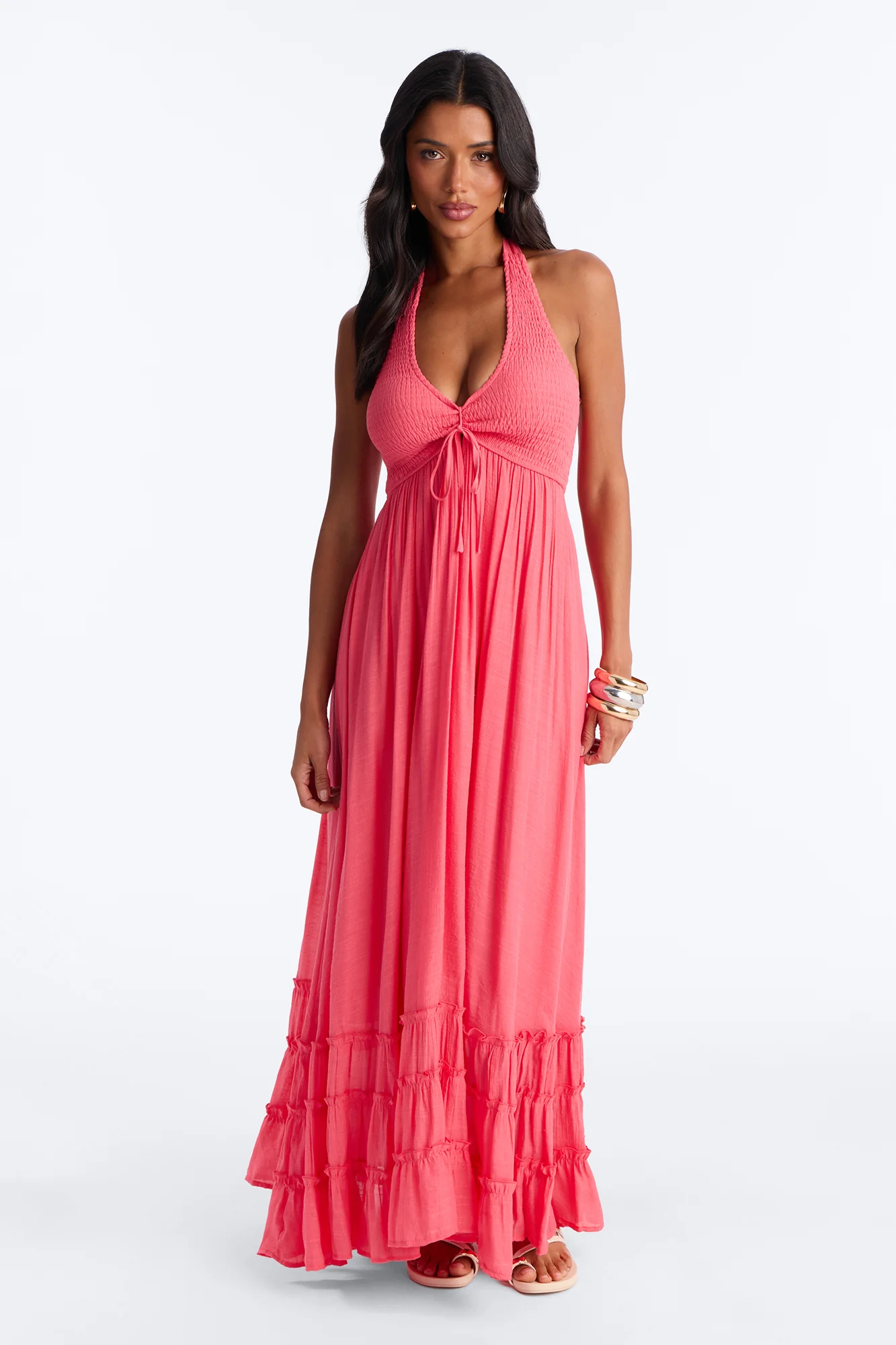 Freya Smocked Linen Maxi Dress - Coral