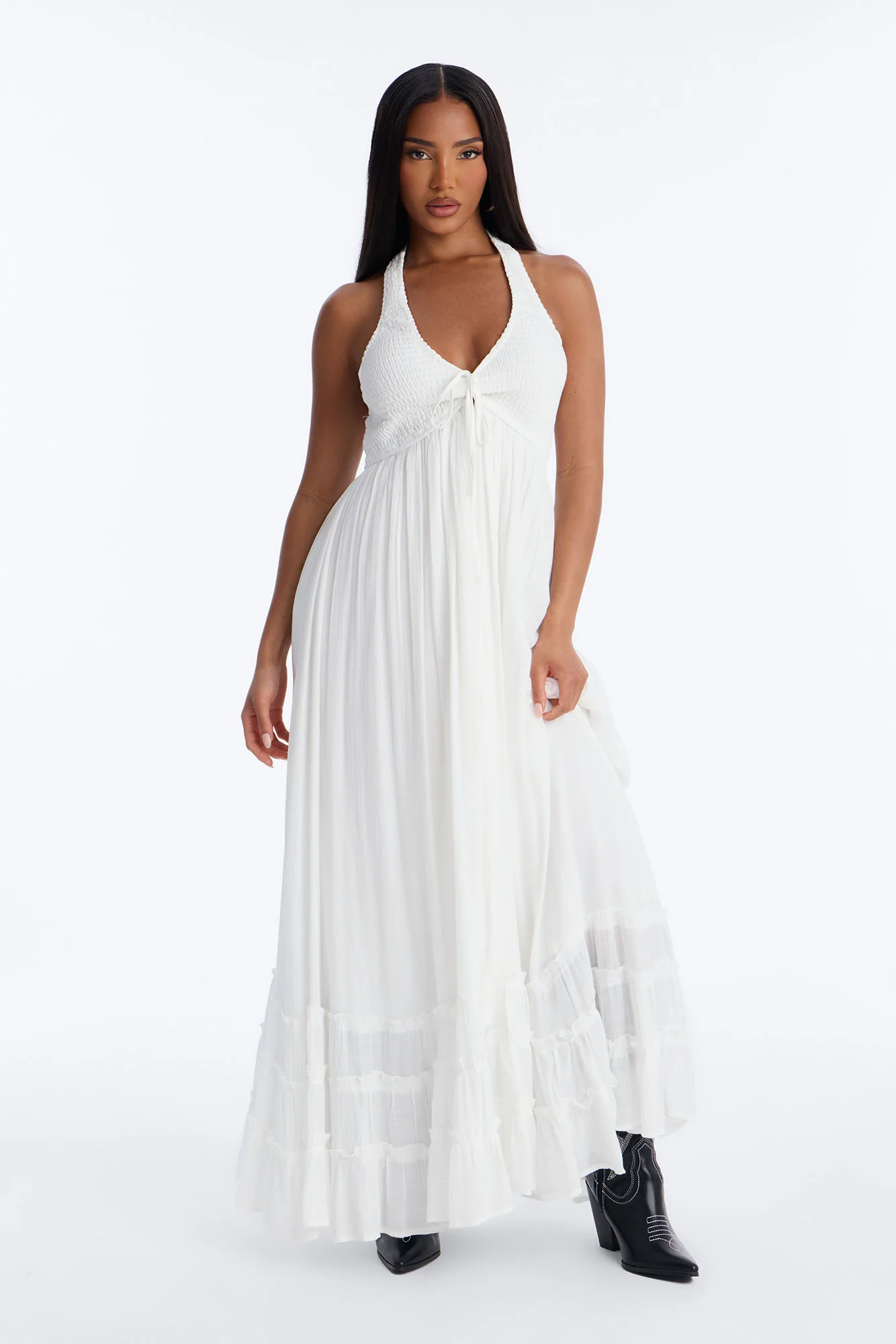 Freya Smocked Linen Maxi Dress - White