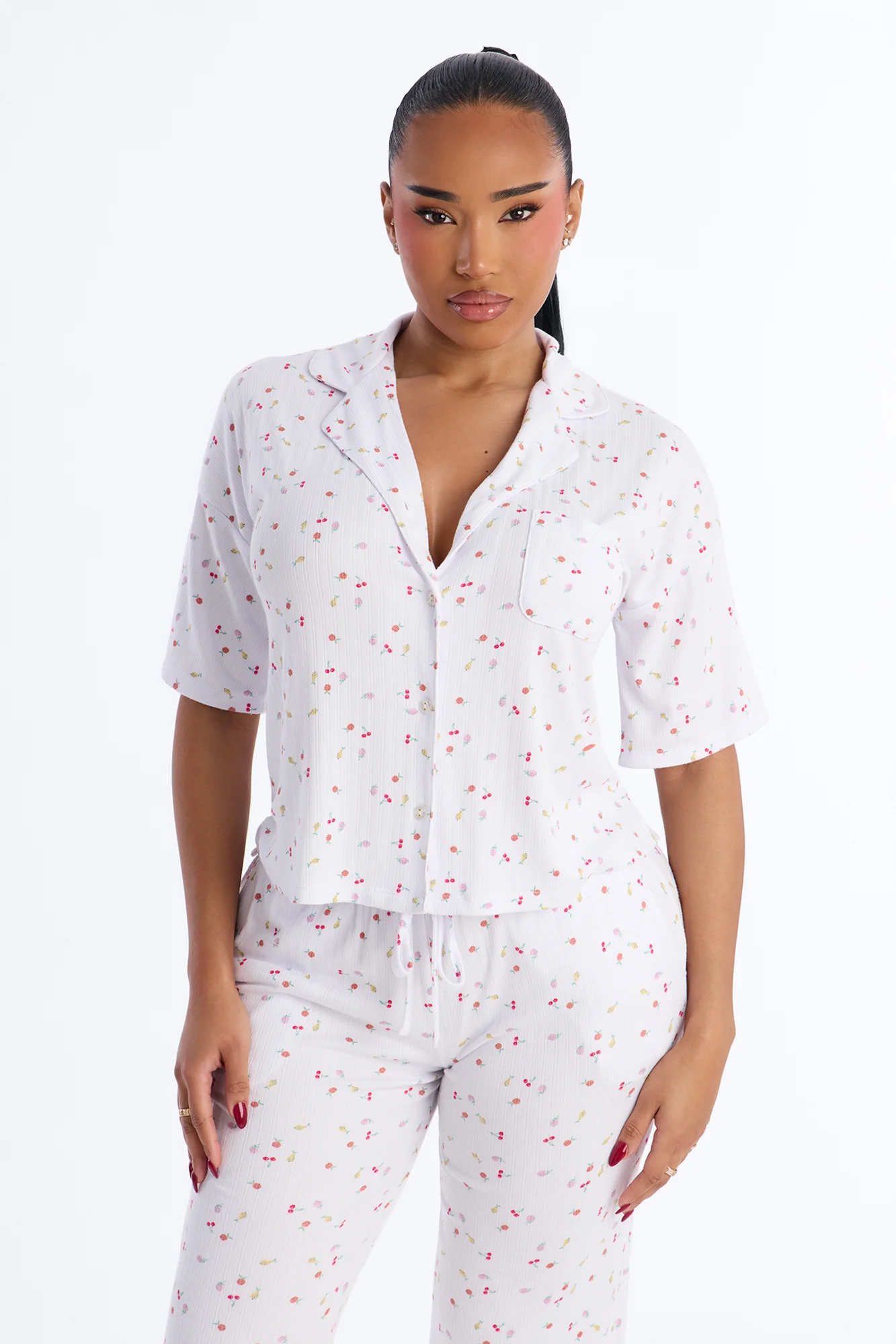 Fruit Toss Notch Collar PJ Pant Set - White - Image 2