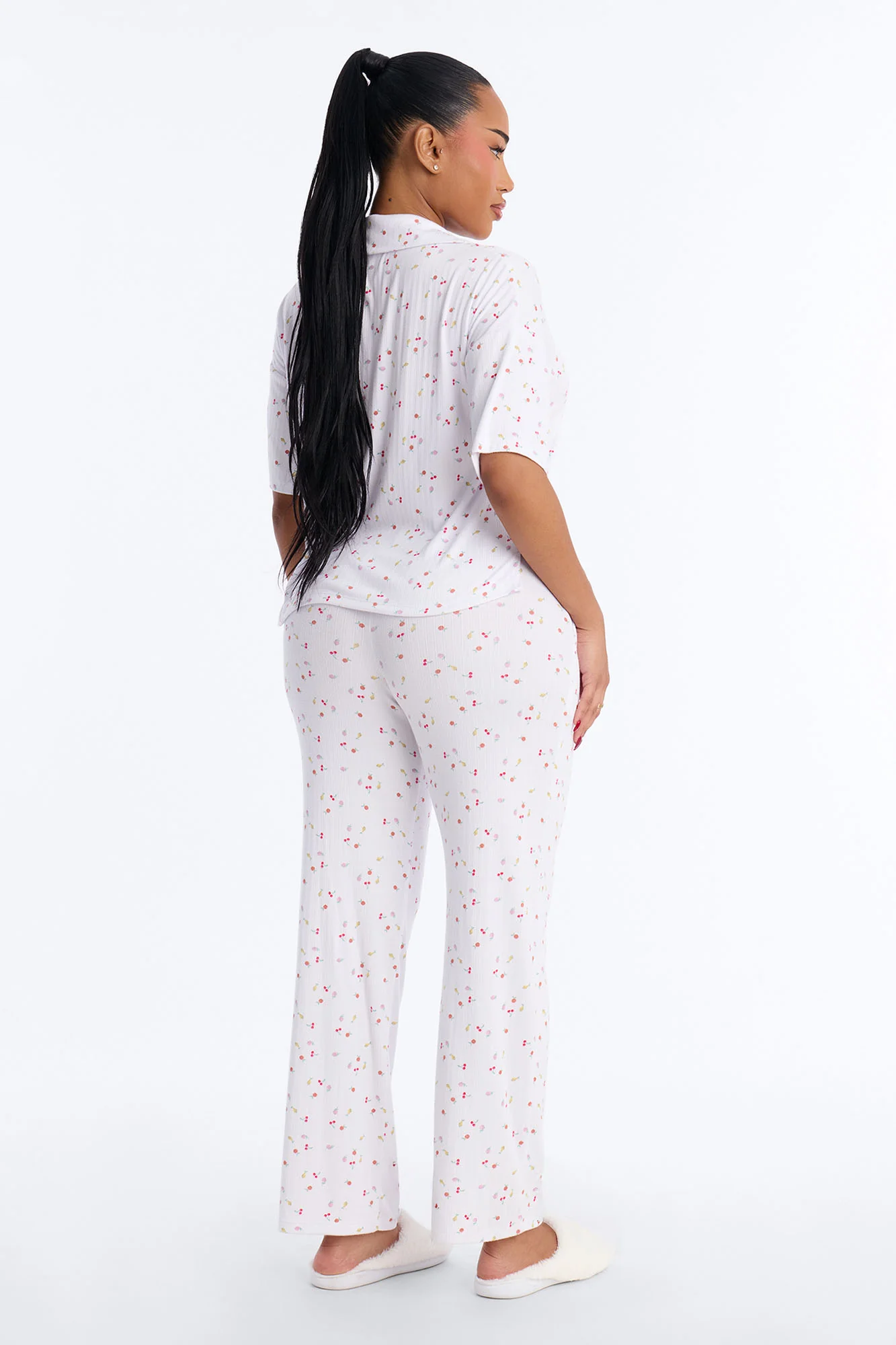 Fruit Toss Notch Collar PJ Pant Set - White - Image 4