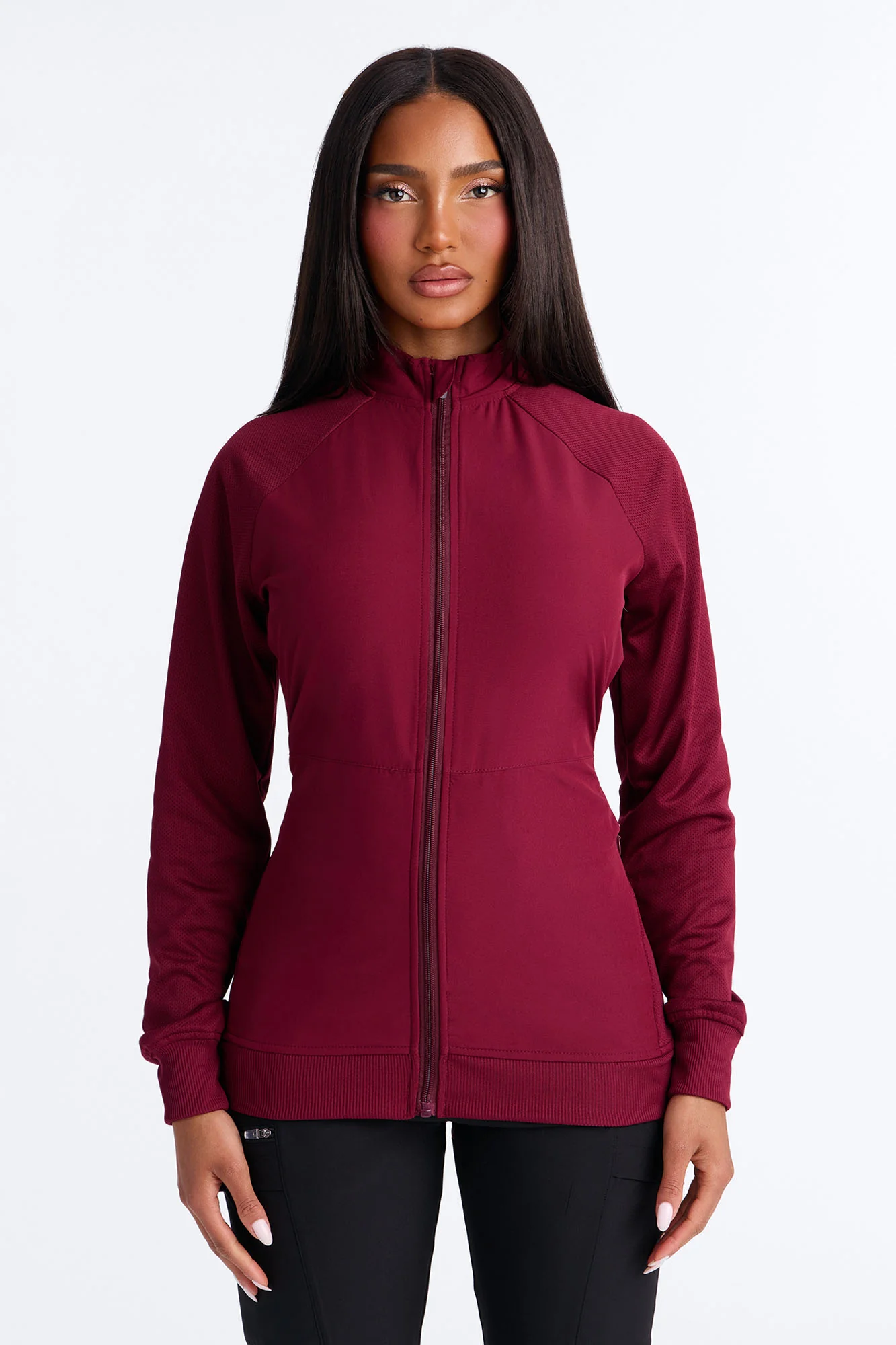 Full Shift Stretch Scrub Uniform Zip Up Jacket - Wine - Image 3