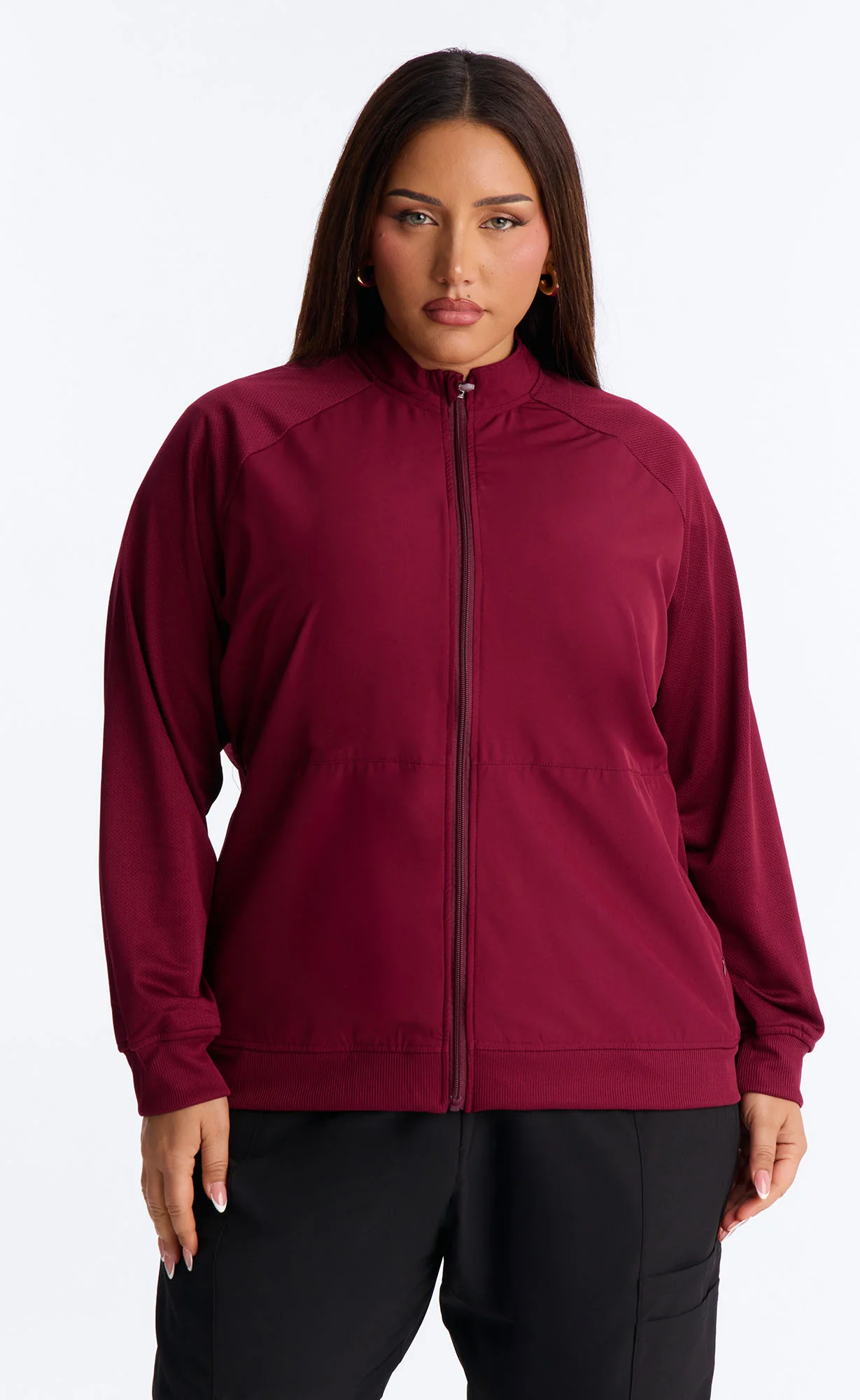 Full Shift Stretch Scrub Uniform Zip Up Jacket - Wine - Image 6