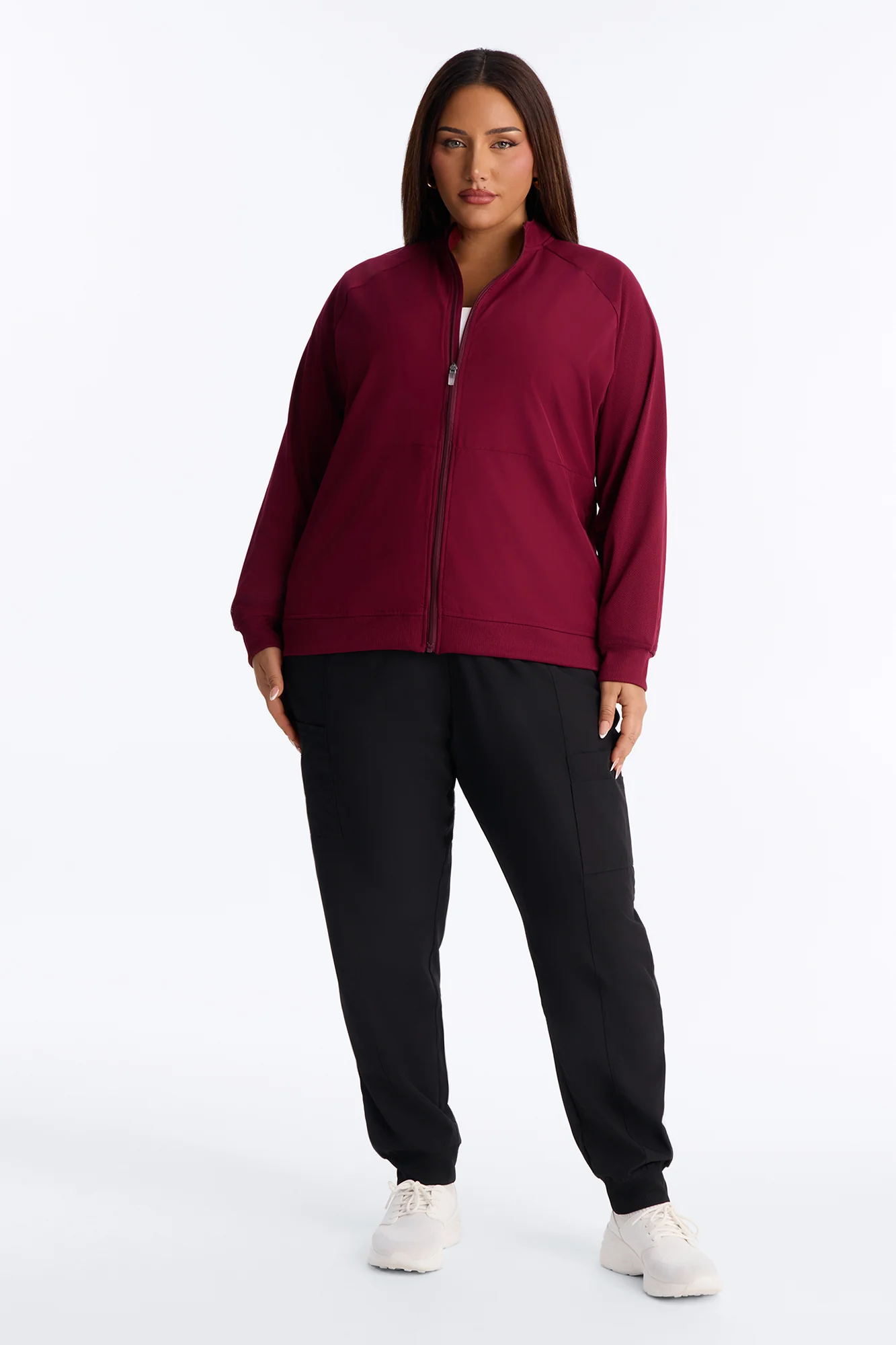 Full Shift Stretch Scrub Uniform Zip Up Jacket - Wine - Image 7
