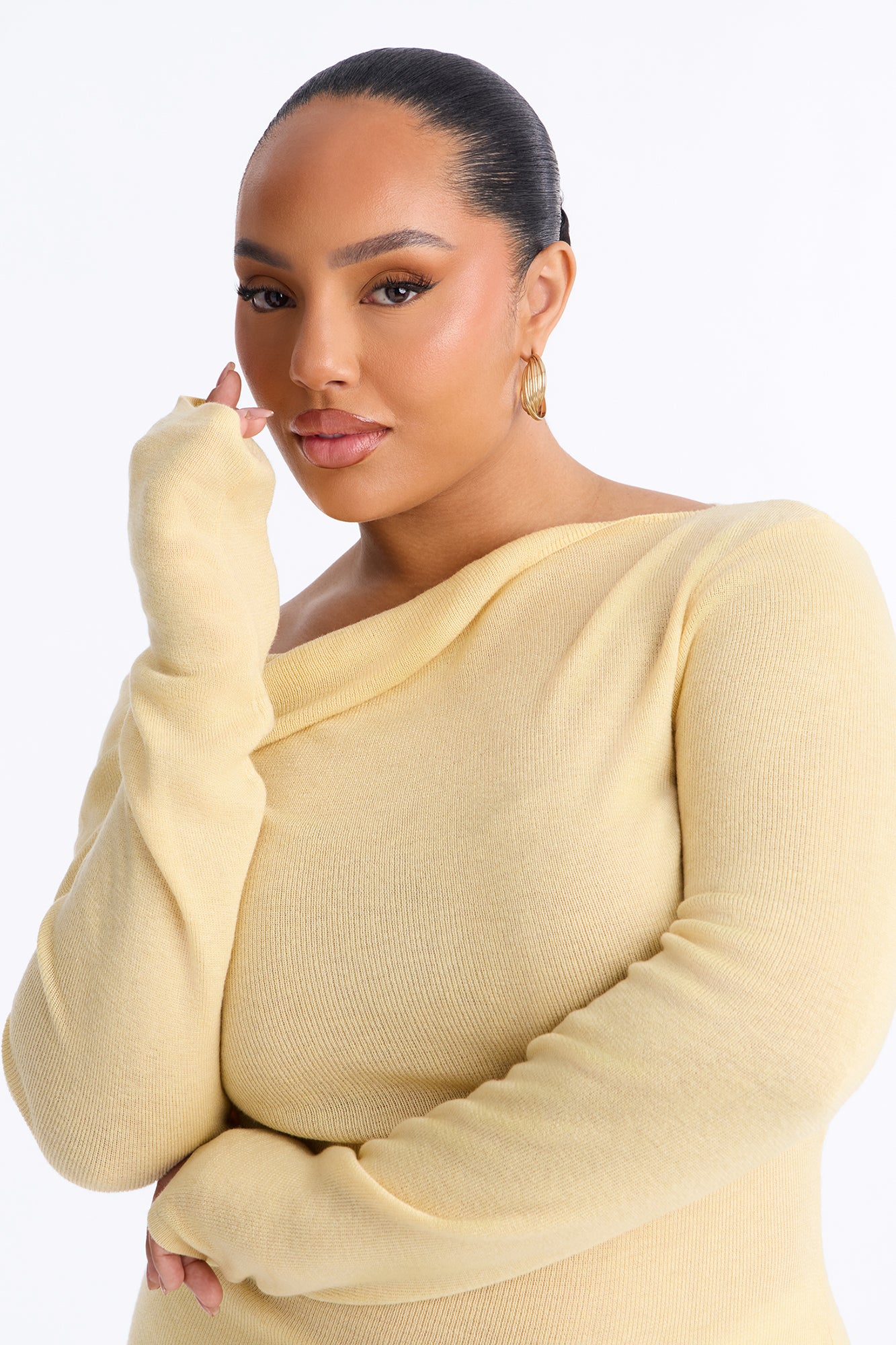Gabrielle Off Shoulder Twist Long Sleeve Sweater - ButterYellow - Image 3