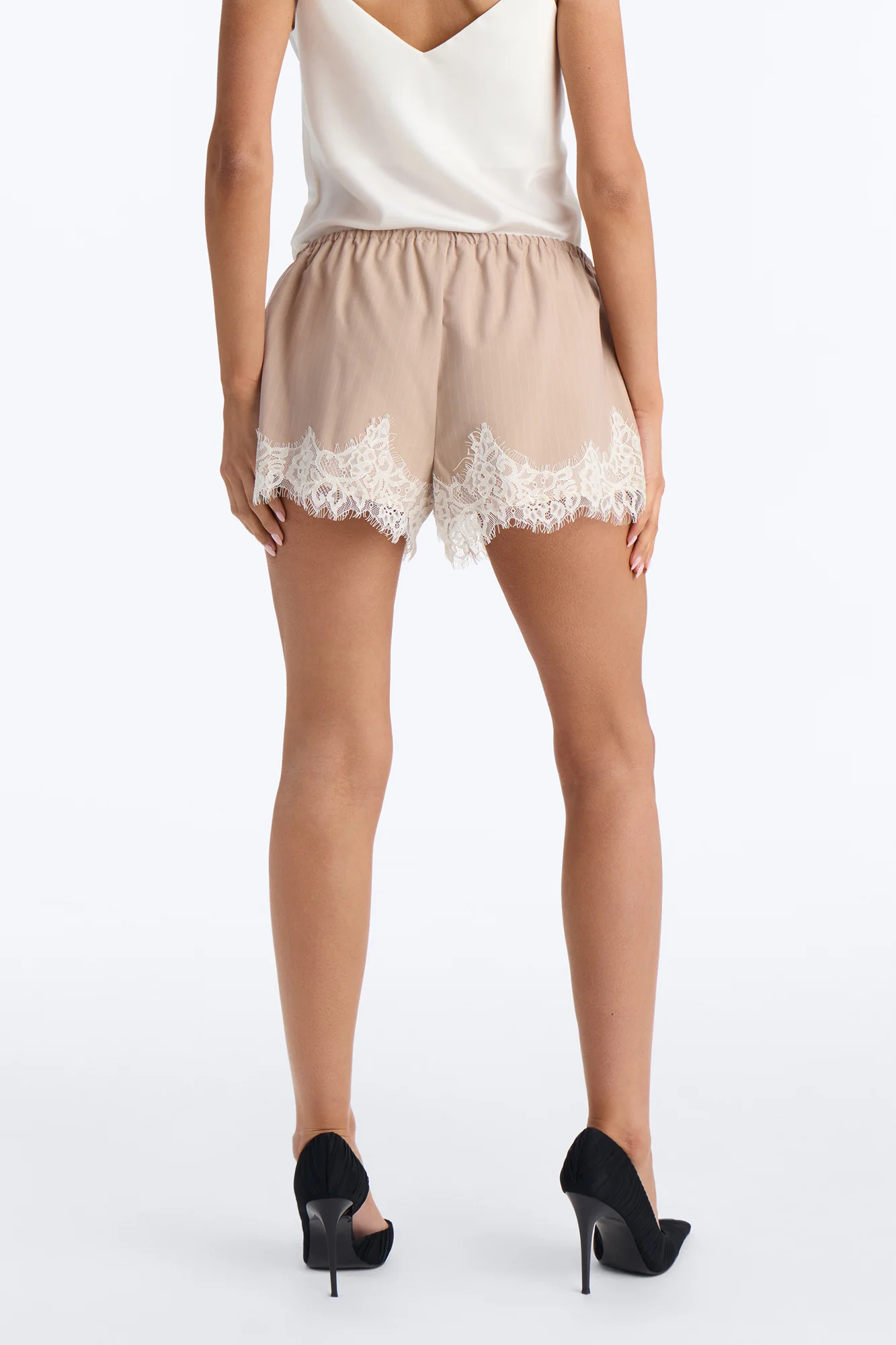 Gabriette Pinstripe Flowy Lace Trim Micro Short - Taupe/combo - Image 4
