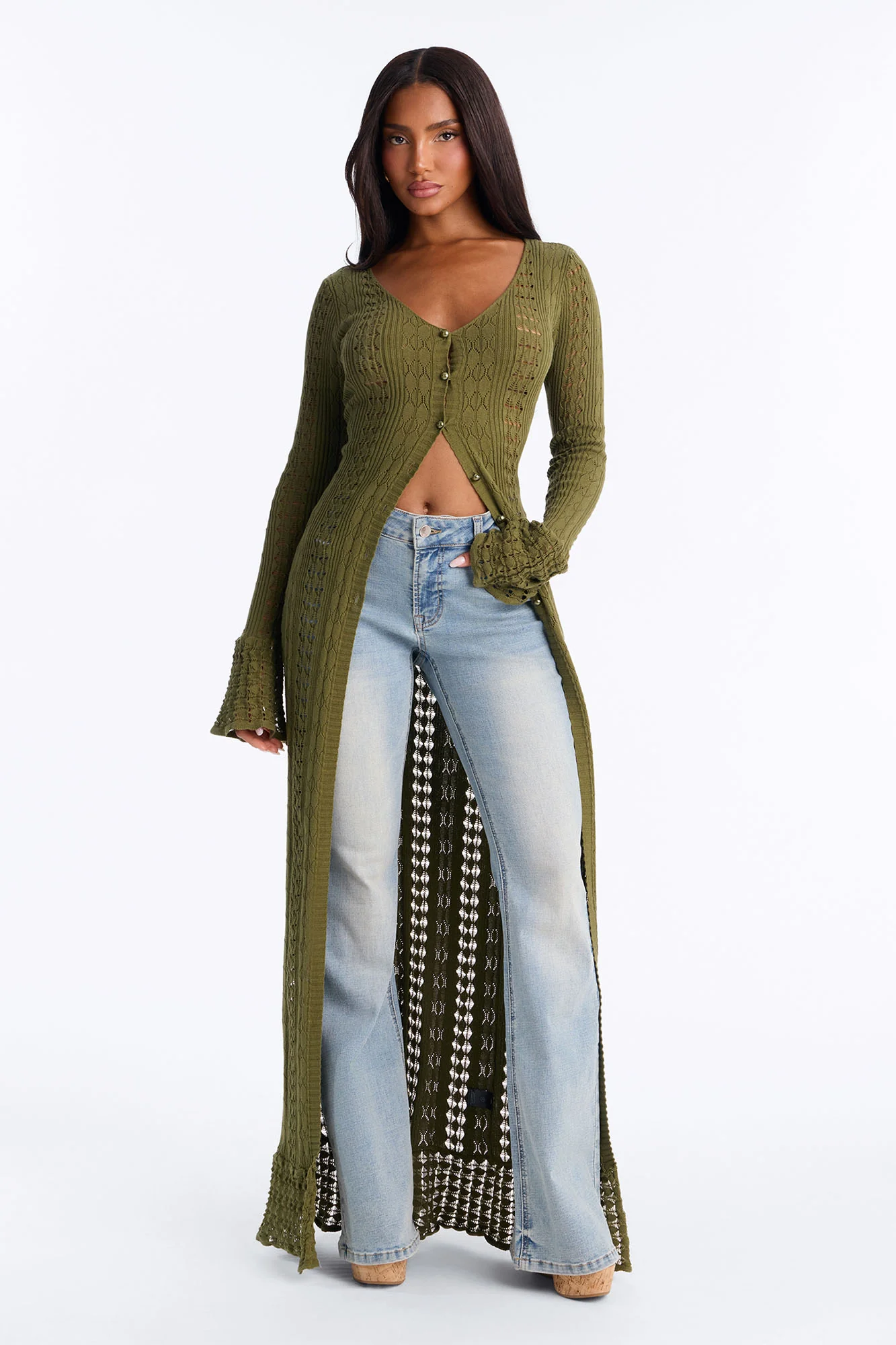 Geena Long Pointelle Cardigan Sweater - Olive