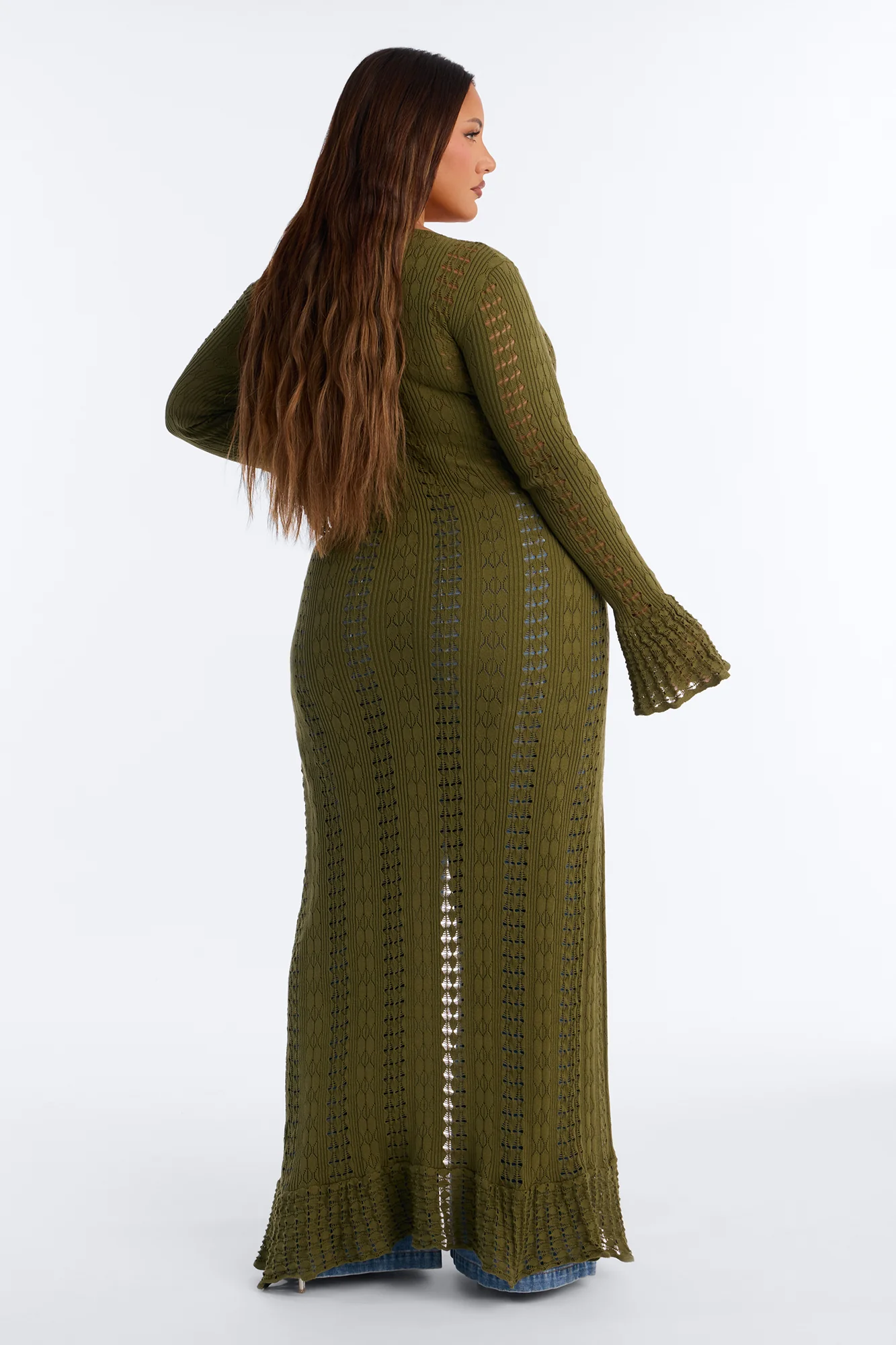 Geena Long Pointelle Cardigan Sweater - Olive - Image 7