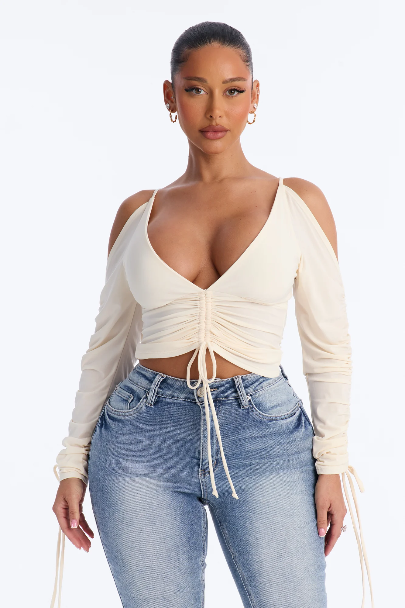 Genevieve Ruched Cold Shoulder Long Sleeve Top - Cream
