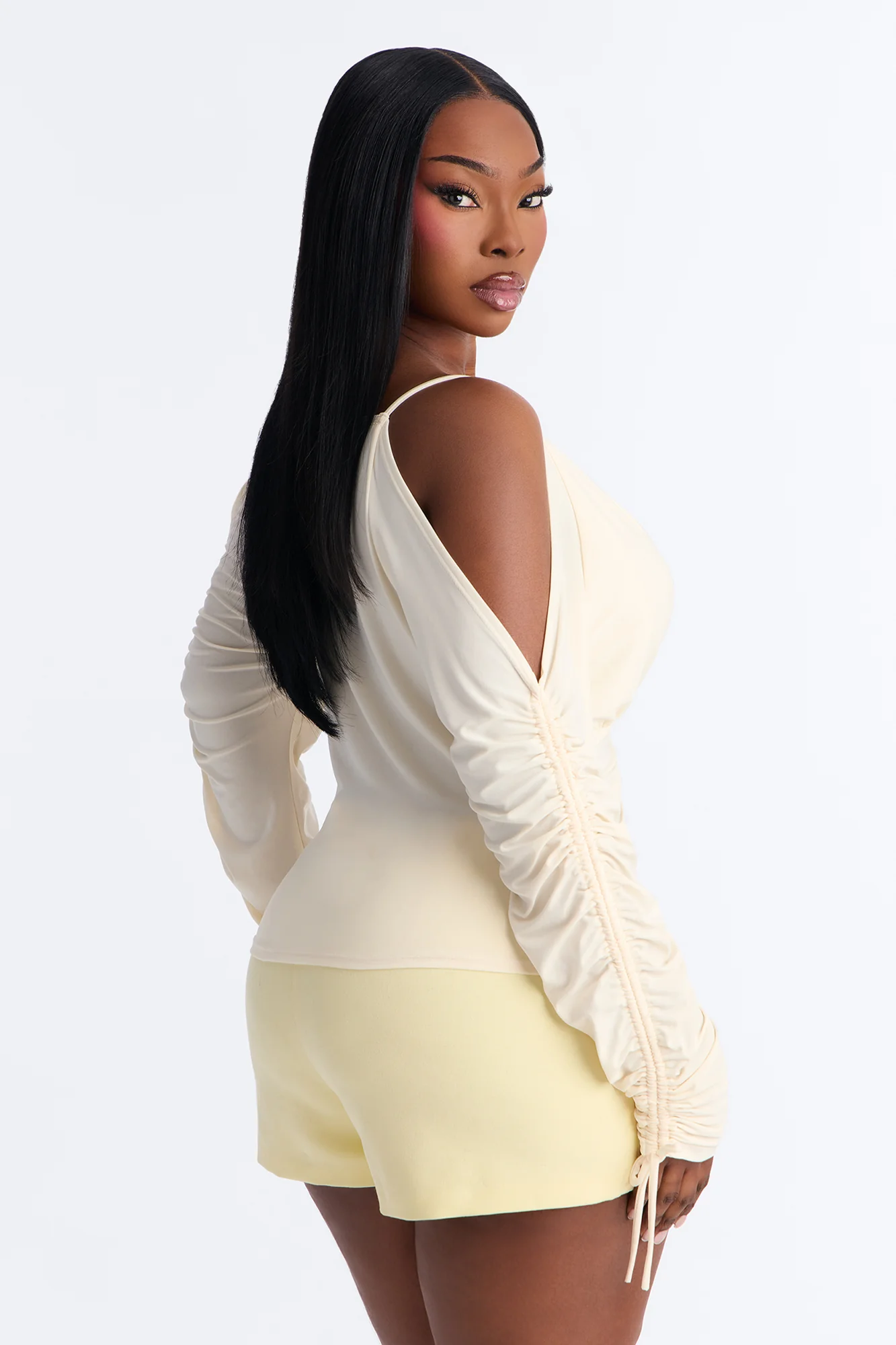 Genevieve Ruched Cold Shoulder Long Sleeve Top - Cream - Image 8