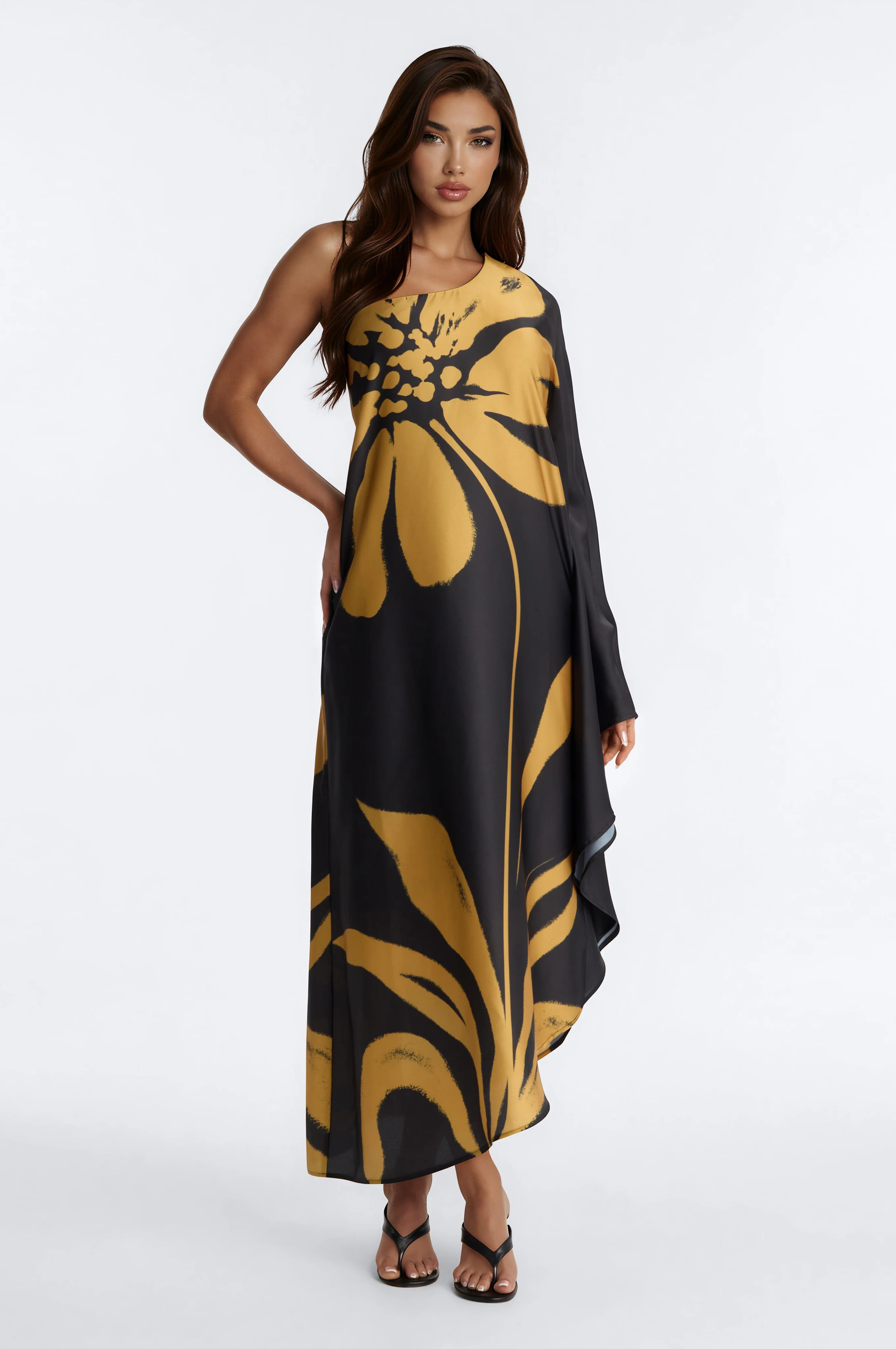 Gentle Glow Satin Kaftan Maxi Dress - Black/Gold