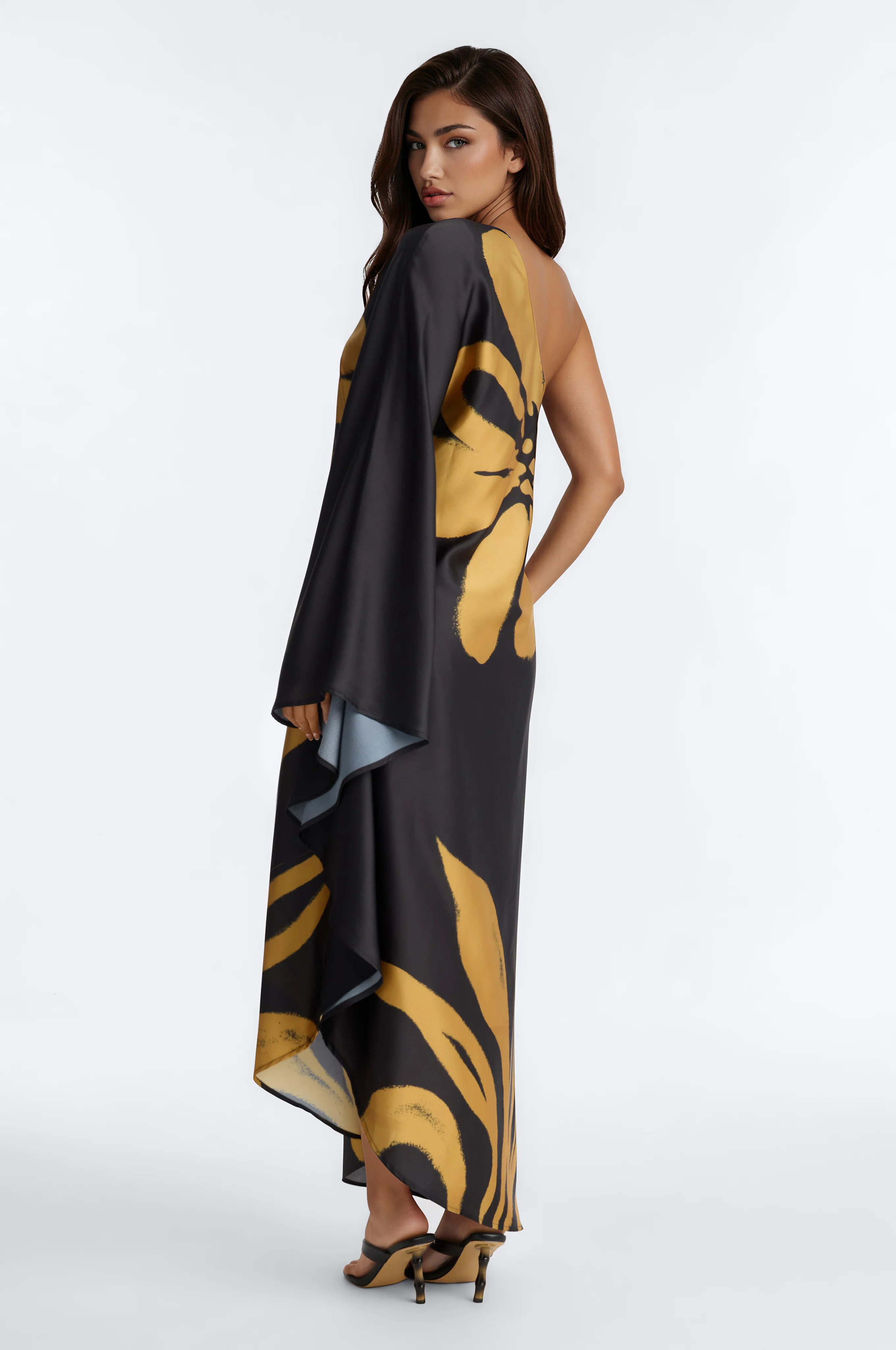 Gentle Glow Satin Kaftan Maxi Dress - Black/Gold - Image 3