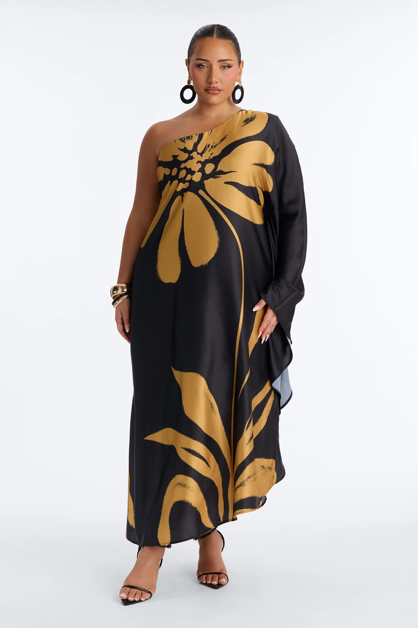 Gentle Glow Satin Kaftan Maxi Dress - Black/Gold - Image 4