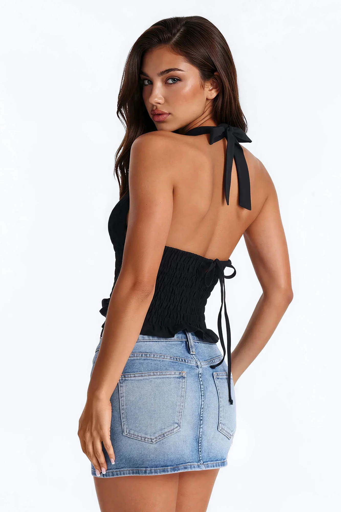 Gentle Mood Smocked Linen Halter Top - Black - Image 4